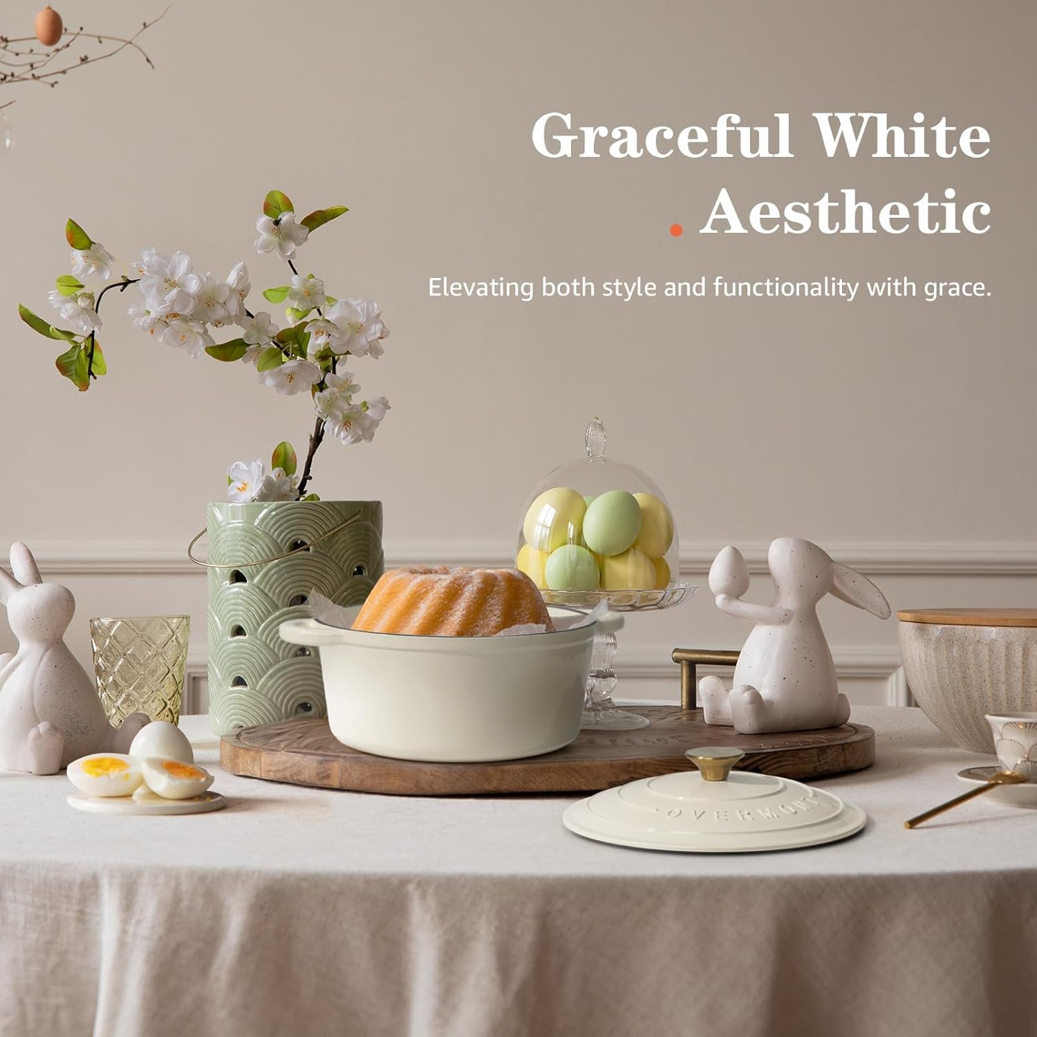 OVERMONT 26cm/5.2L Enamelled Cast Iron Round Casserole Pot with Lid | Cream White | 5.5QT 3