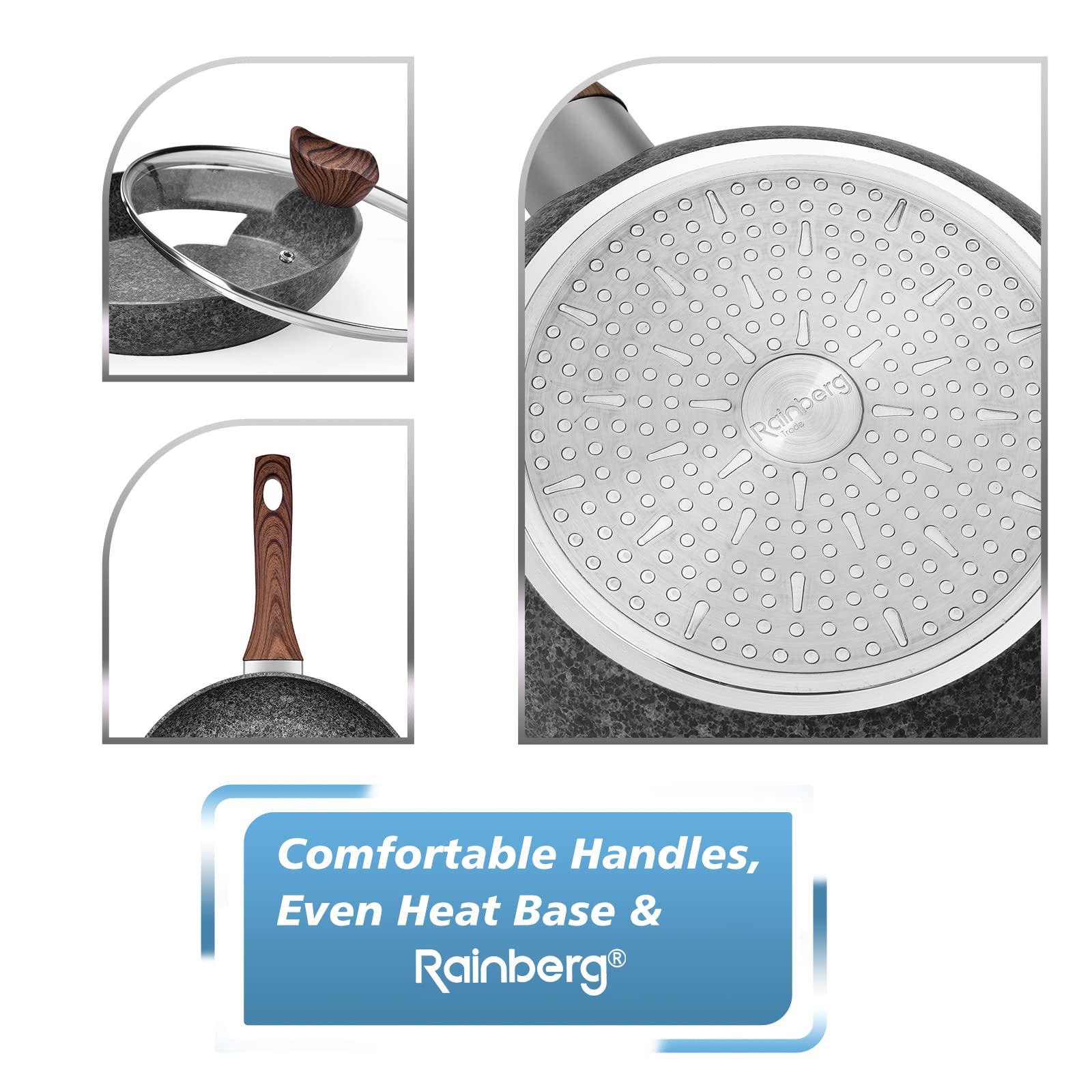 Rainberg 28CM Granite Nonstick Frying Pan with Lid | Induction Compatible Aluminium Alloy 3