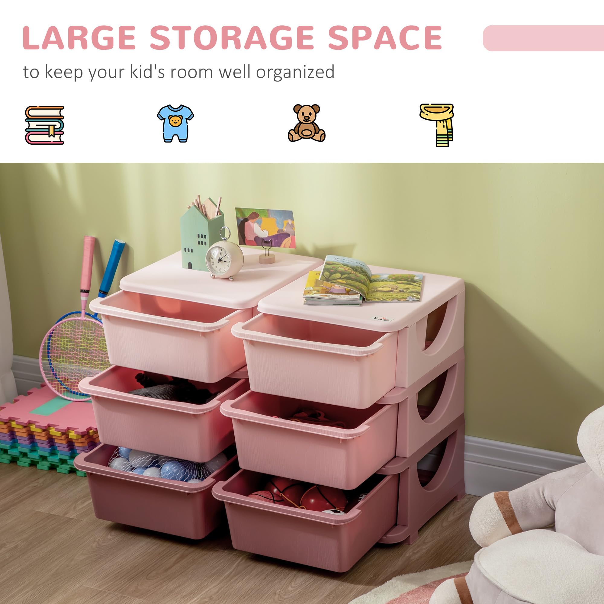 HOMCOM 6-Drawer Plastic Toy Storage Unit for Kids | 3-Tier Organization | Pink | 75L x 37W x 56.5H cm 4