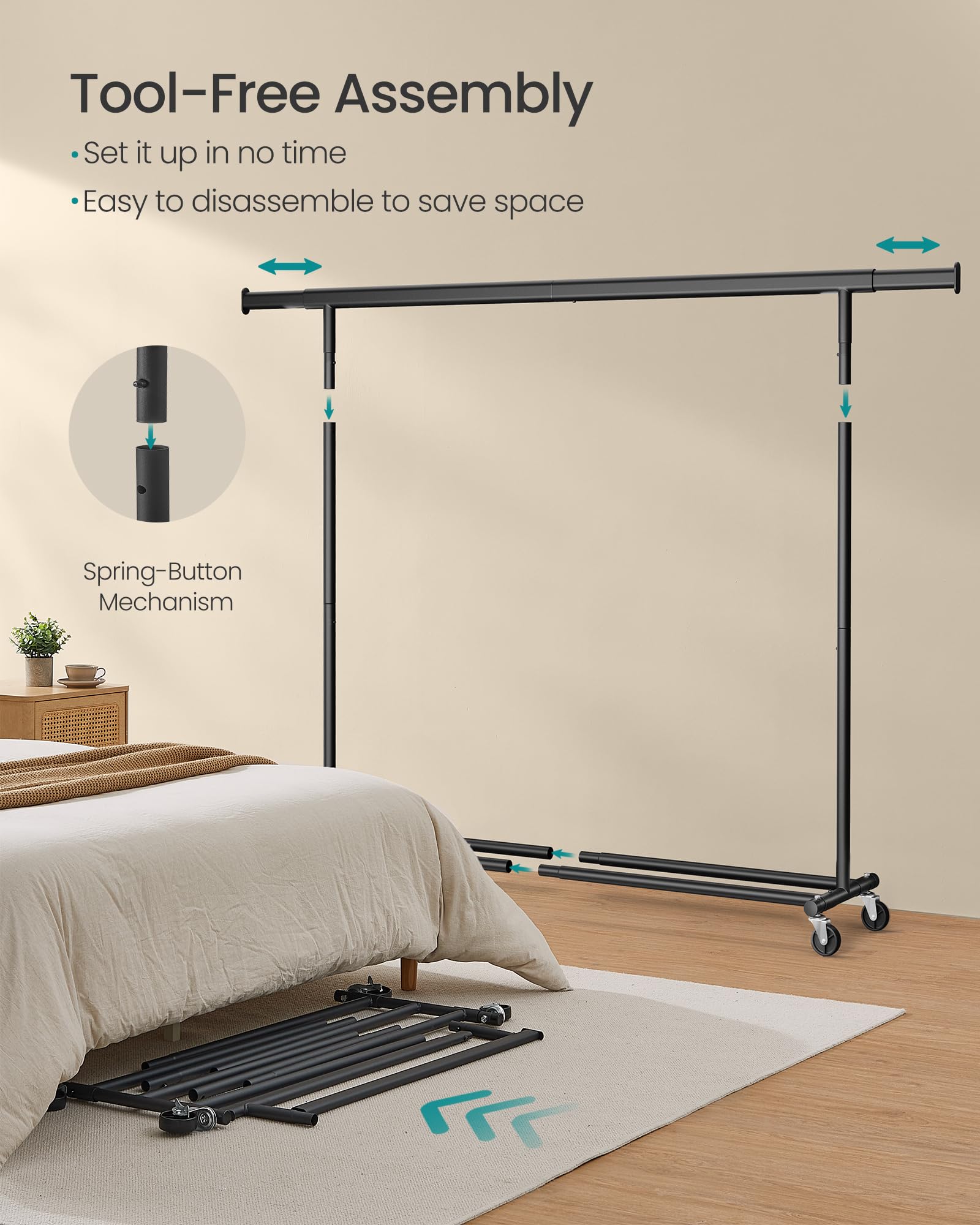 SONGMICS Heavy Duty Clothes Rack on Wheels - Extendable Rail, 150 kg Capacity | Black 5