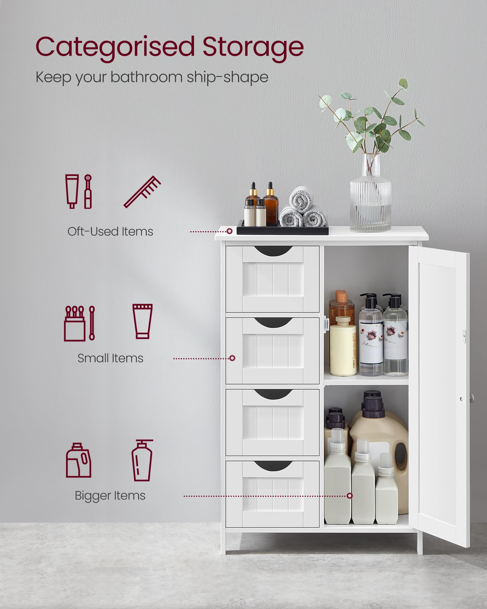 VASAGLE Bathroom Floor Storage Cabinet - 4 Drawers | Adjustable Shelf | Cloud White 5