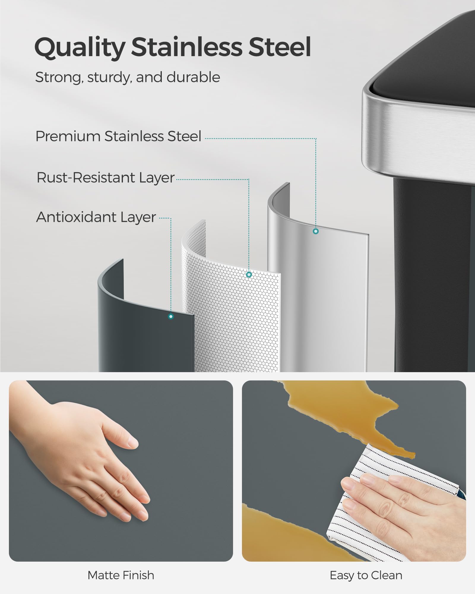 SONGMICS Kitchen Pedal Bin - 2 x 30L Dual Compartment Waste Separation System | Stainless Steel | Greenish Grey 5