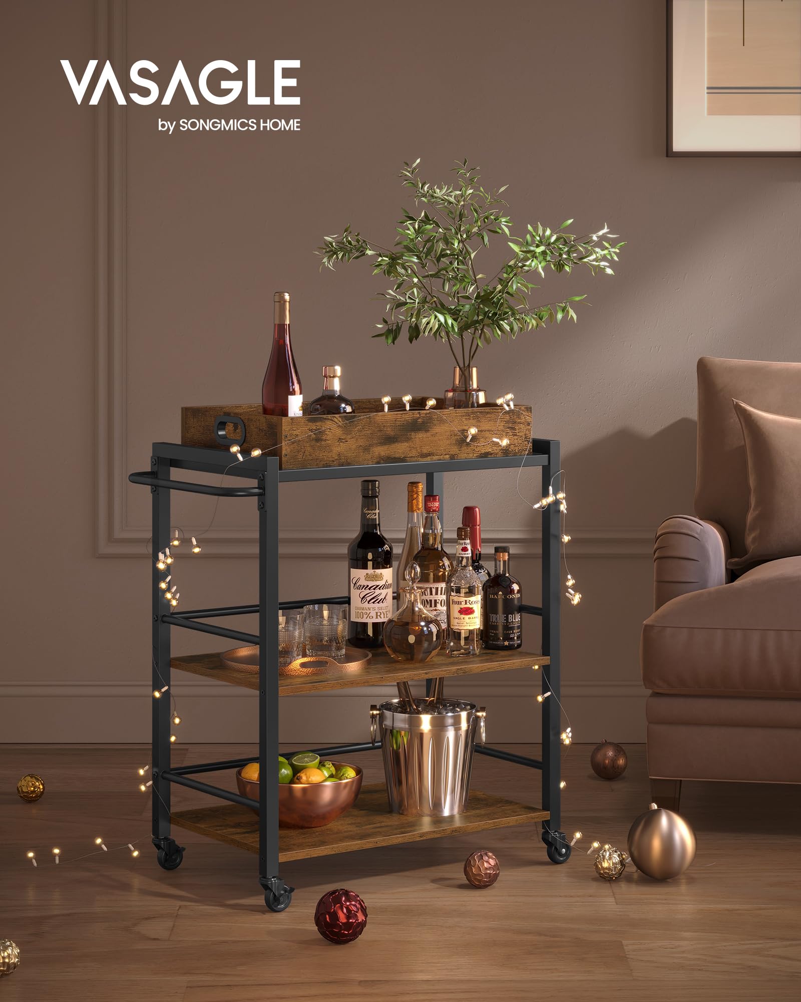 VASAGLE Kitchen Serving Cart with Removable Tray - 3-Tier Utility Cart | Rustic Brown & Black 2