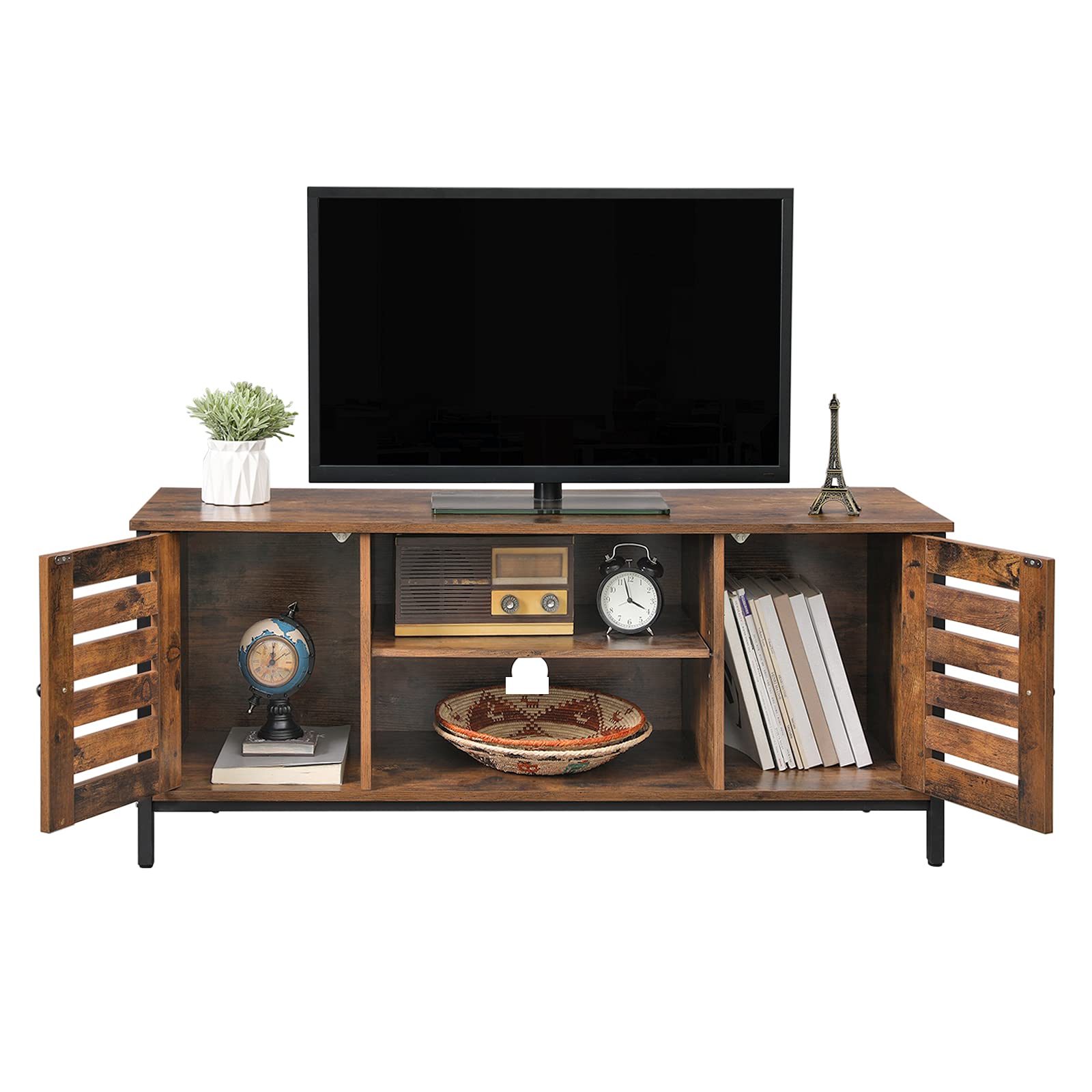 VASAGLE TV Stand with Shelves and Storage Cupboards | Rustic Brown + Black | 110cm Wide