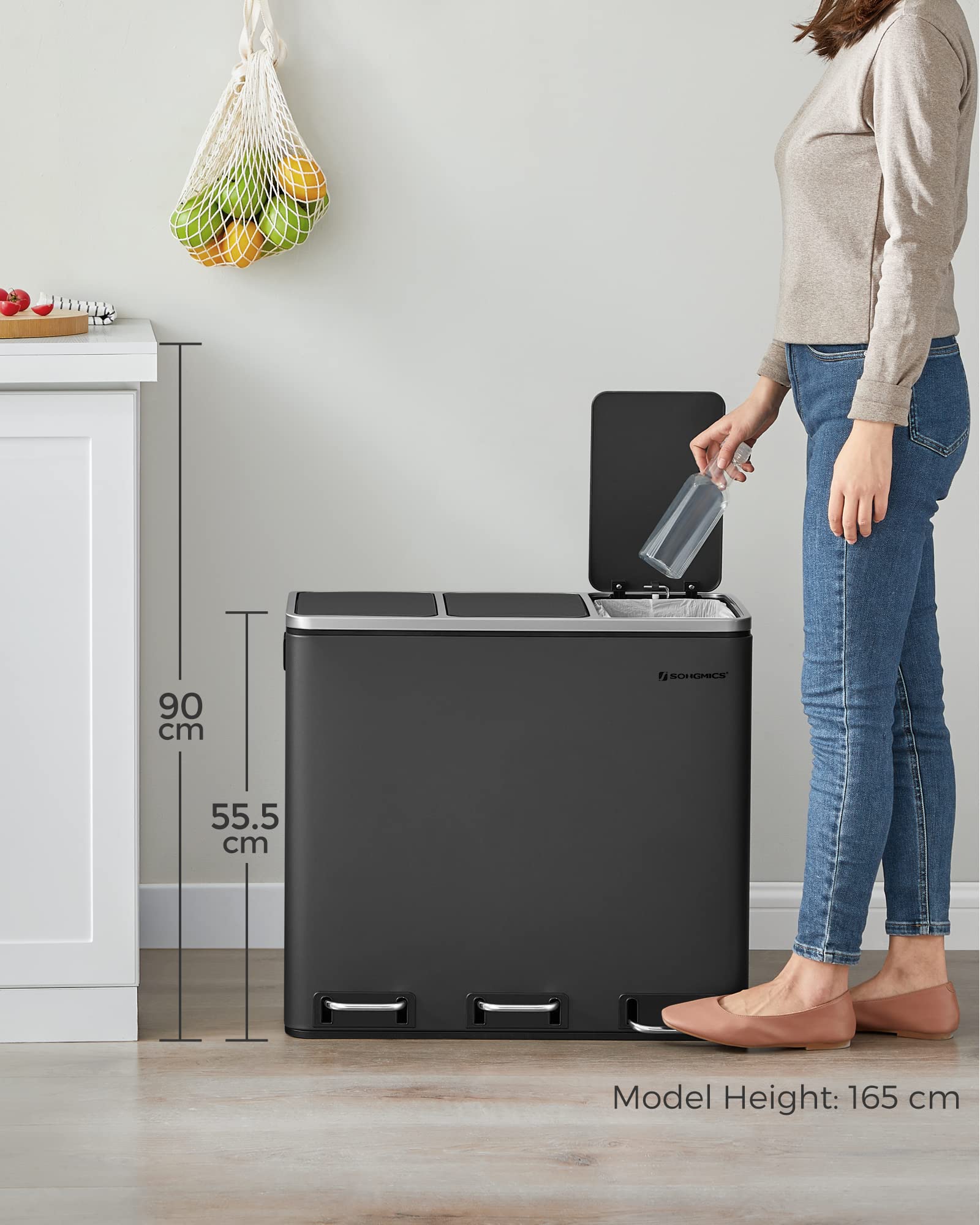 SONGMICS Kitchen Bin - 3 Compartment Recycling System, 54L Total (3 x 18L) | Soft-Close Lids | Steel 8