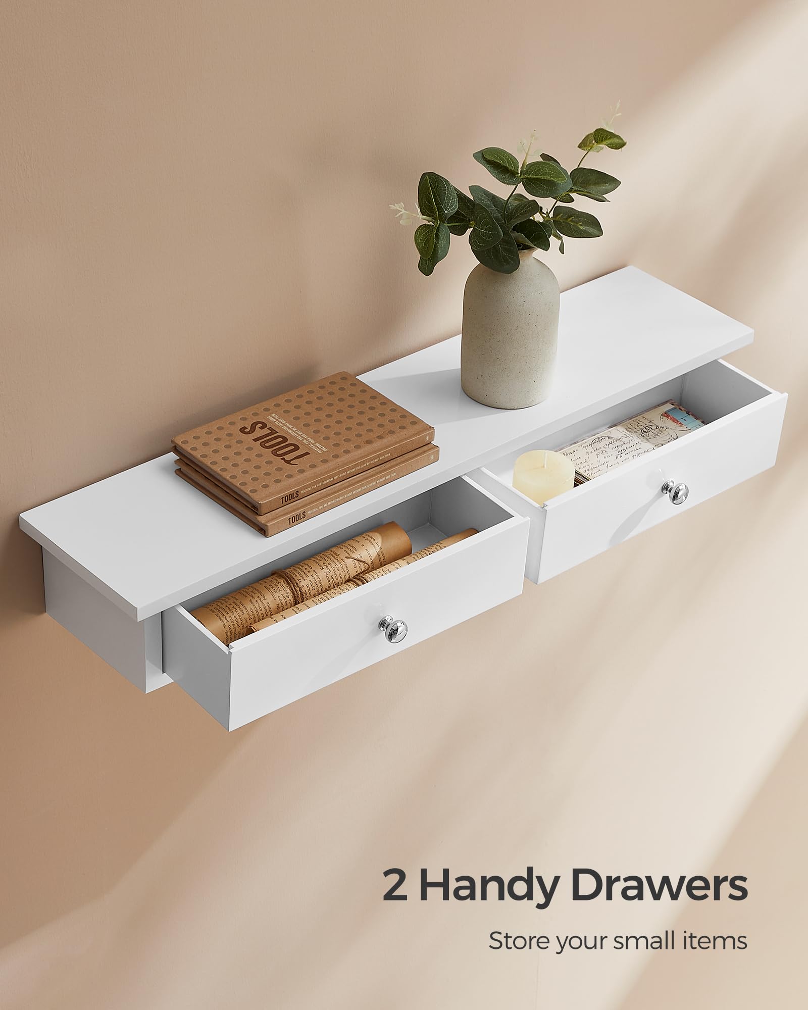 SONGMICS Floating Wall Shelf with 2 Drawers | White Engineered Wood | 65 x 15 x 10 cm | 15 kg Capacity 5