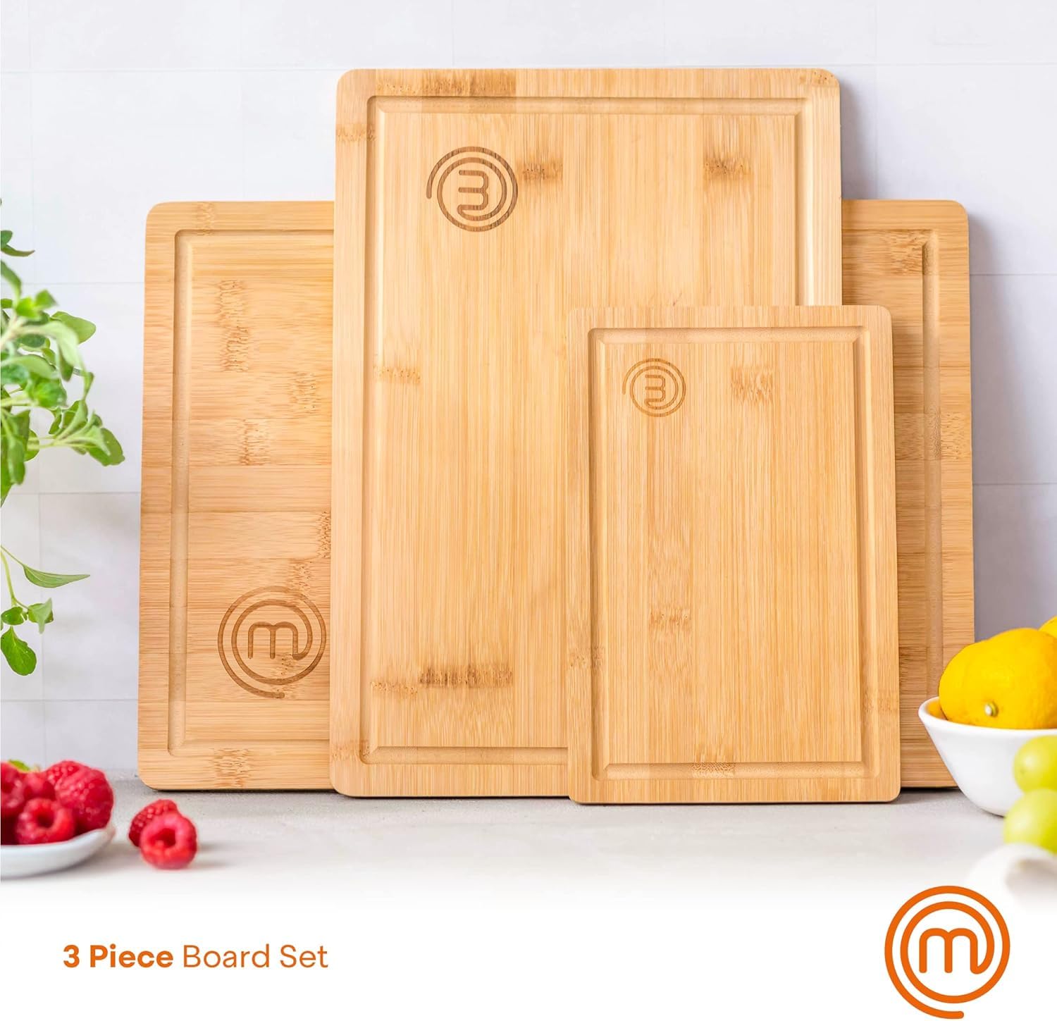MasterChef Wooden Chopping Board Set of 3, Bamboo Cutting Boards | Includes Knife | 15in Max Size 2