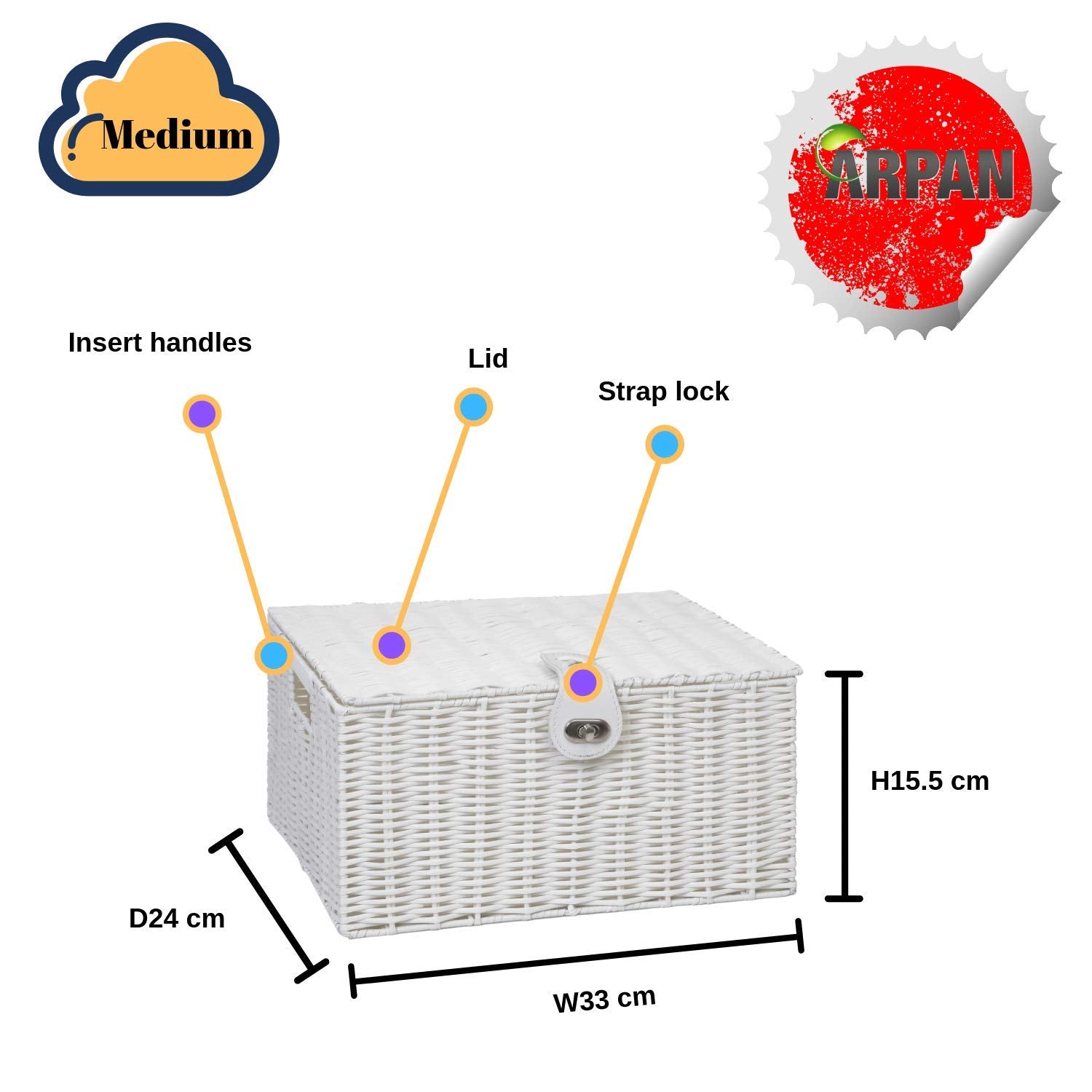 ARPAN Medium Resin Woven Storage Basket with Lid & Lock | White | 33cm W x 24cm D 4