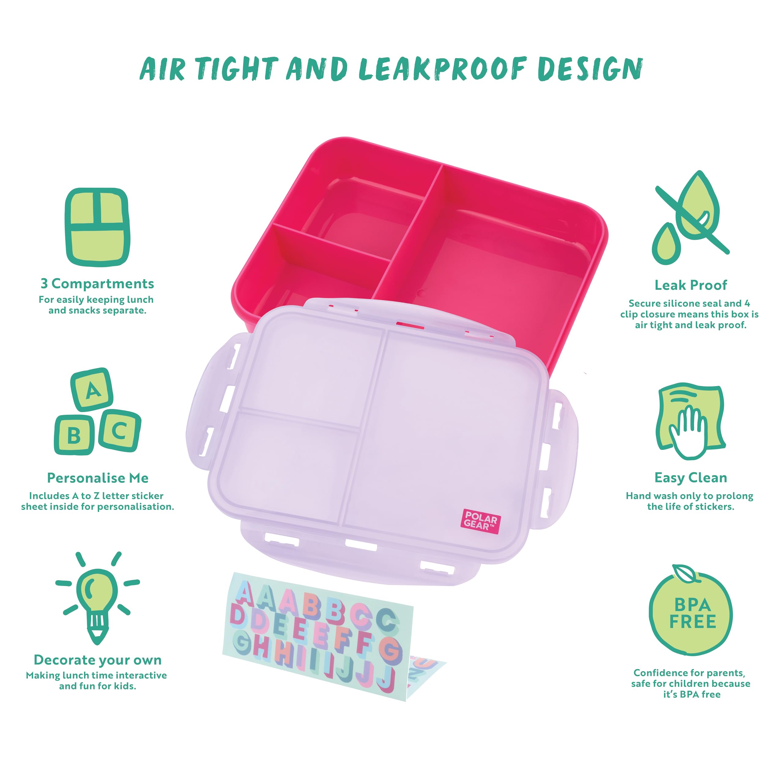 Polar Gear Decorate Me Lunch Box - 3 Compartments, Leakproof, Personalization Stickers | Lilac/Rose 4