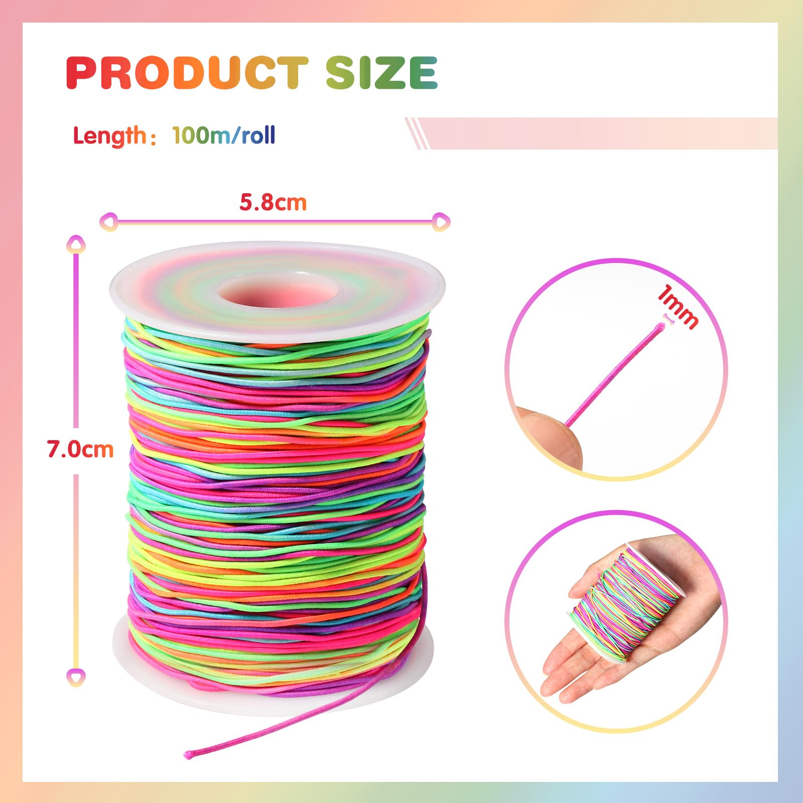 Diboniur Rainbow Elastic String for Bracelet Making - 1mm Diameter, 100m Length | TPE & Nylon 2
