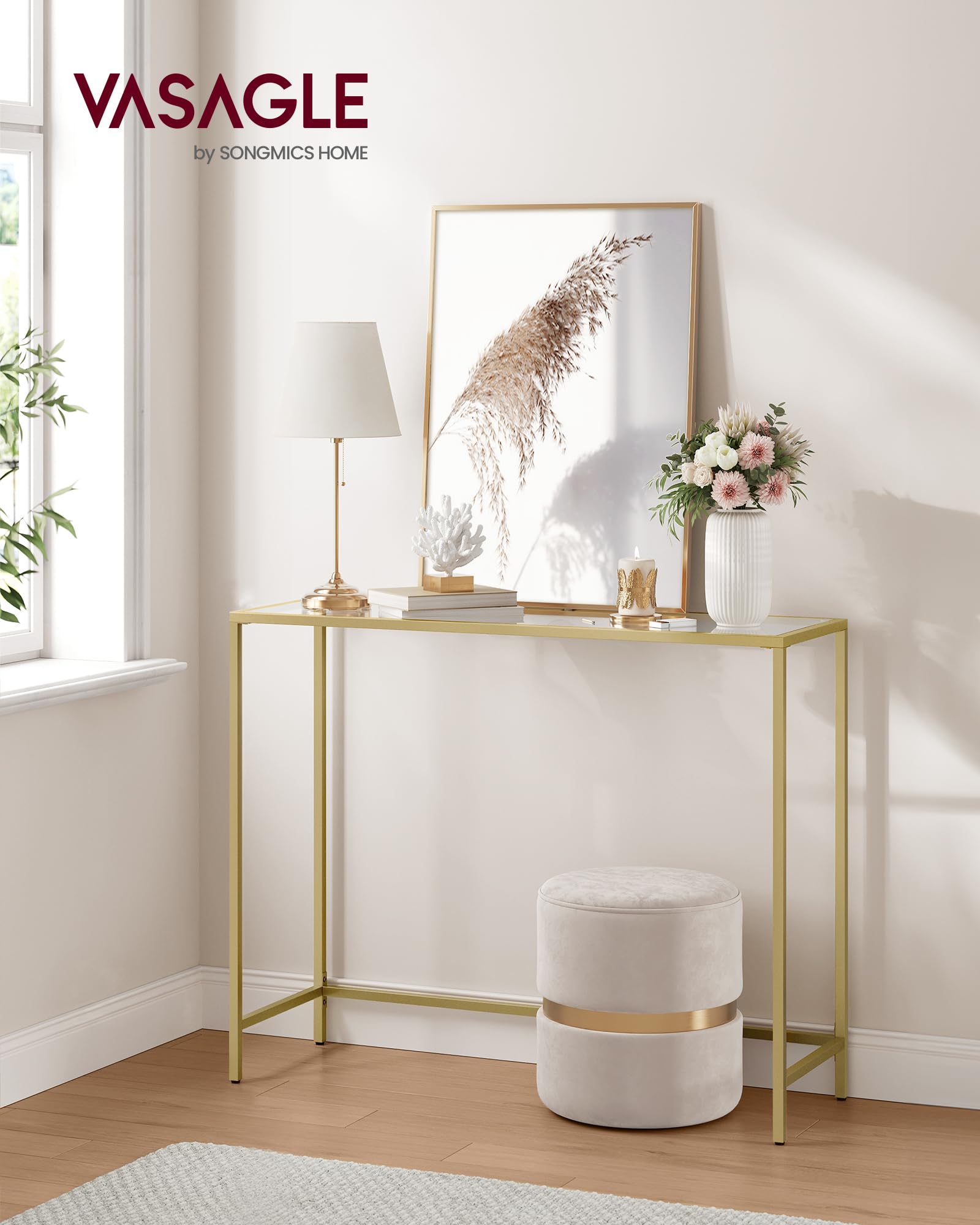 VASAGLE Console Table - Tempered Glass Top | Light Gold Metal Frame | 20x100x80 cm 2