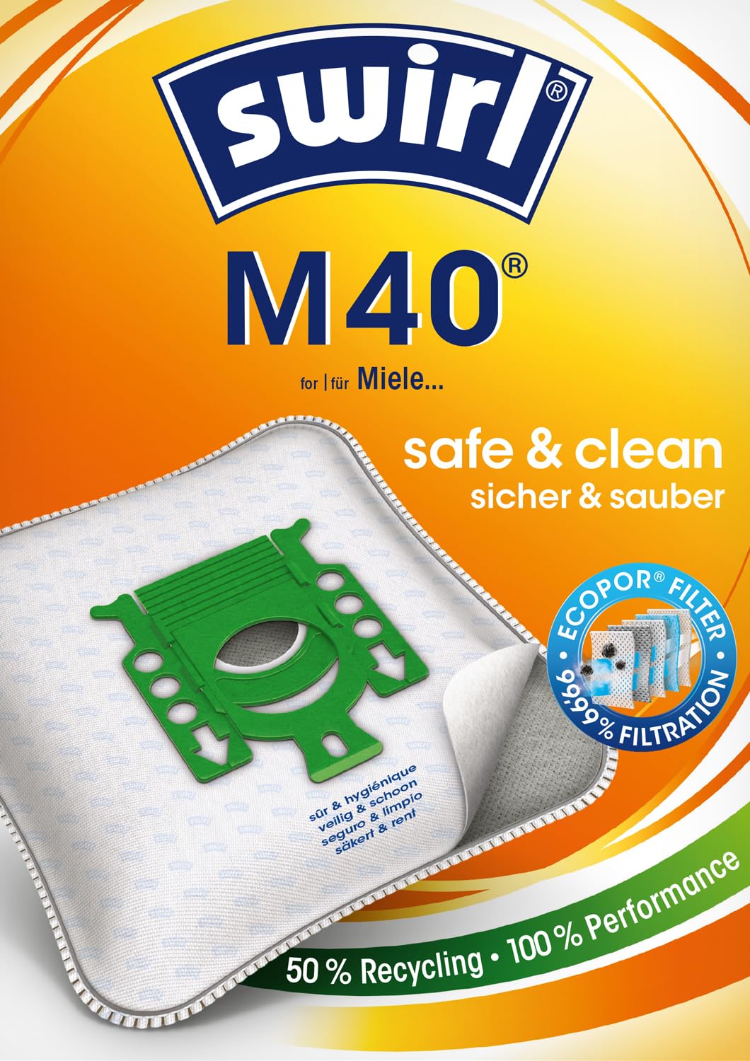 Swirl M 40 (M 54) Cylinder Vacuum Bags for Miele | 10 Pack | MicroPor Plus Filter 1