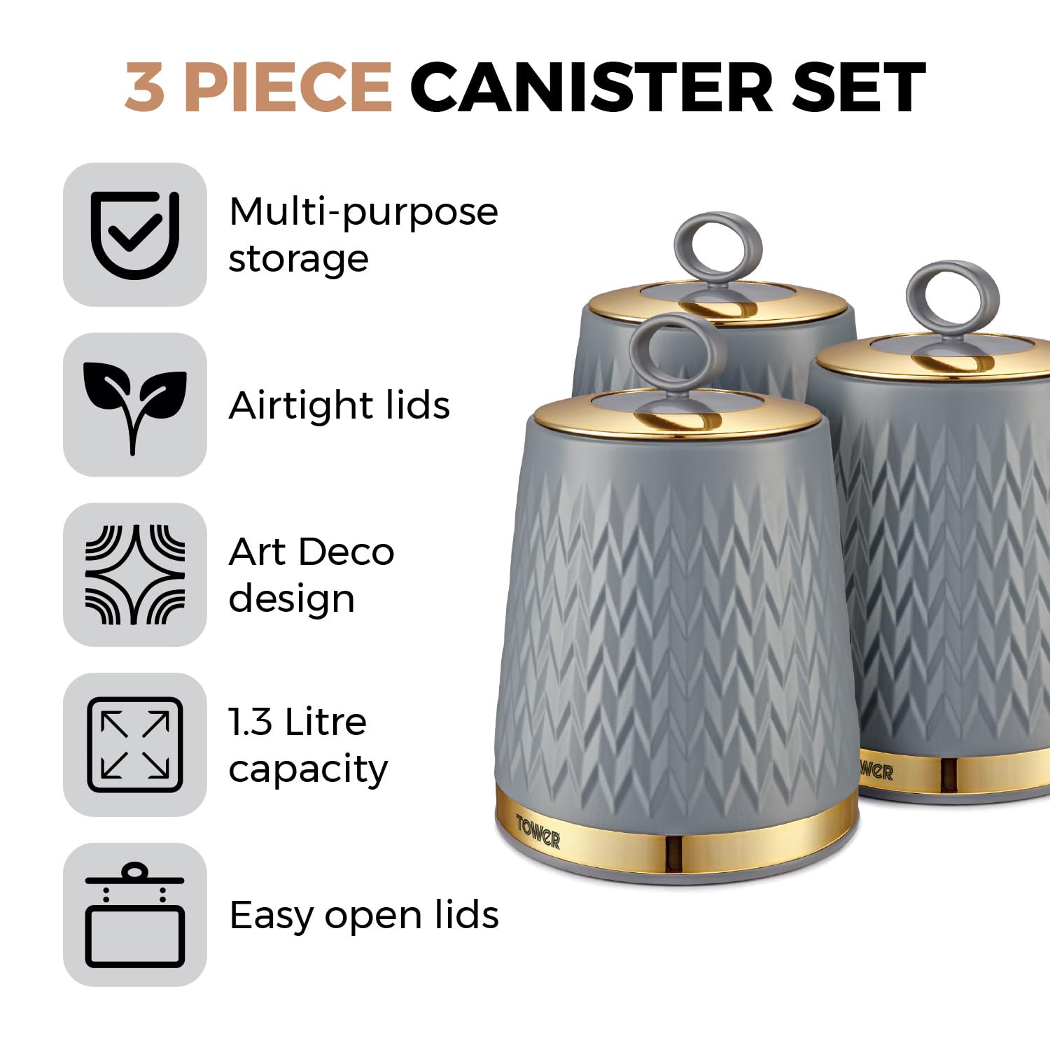Tower Empire Set of 3 Storage Canisters for Tea Coffee Sugar | 1.3L Capacity | Grey and Brass 2
