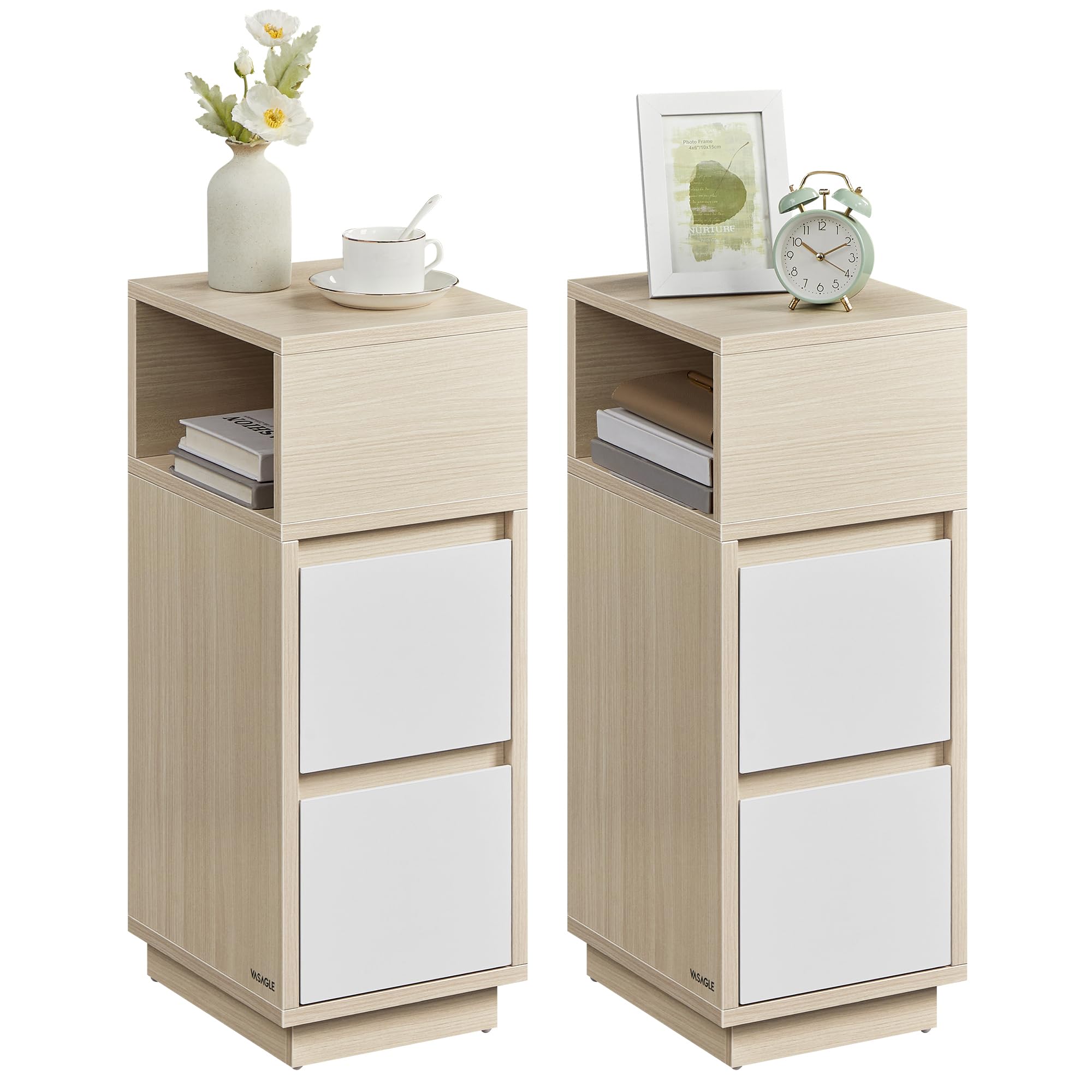 VASAGLE KAILYN Collection - Set of 2 Slim Bedside Tables | Natural Beige + Cloud White | 30x25x65 cm 1