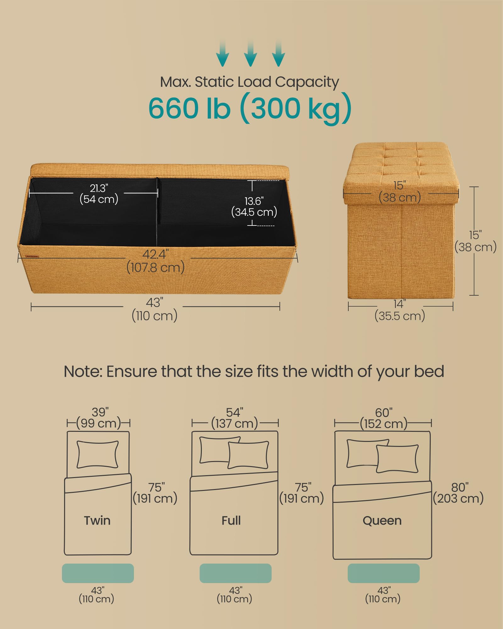 SONGMICS MAZIE Storage Ottoman Bench - 110 cm Folding Foot Rest | 131L Capacity | 300 kg Load | Ginger 3