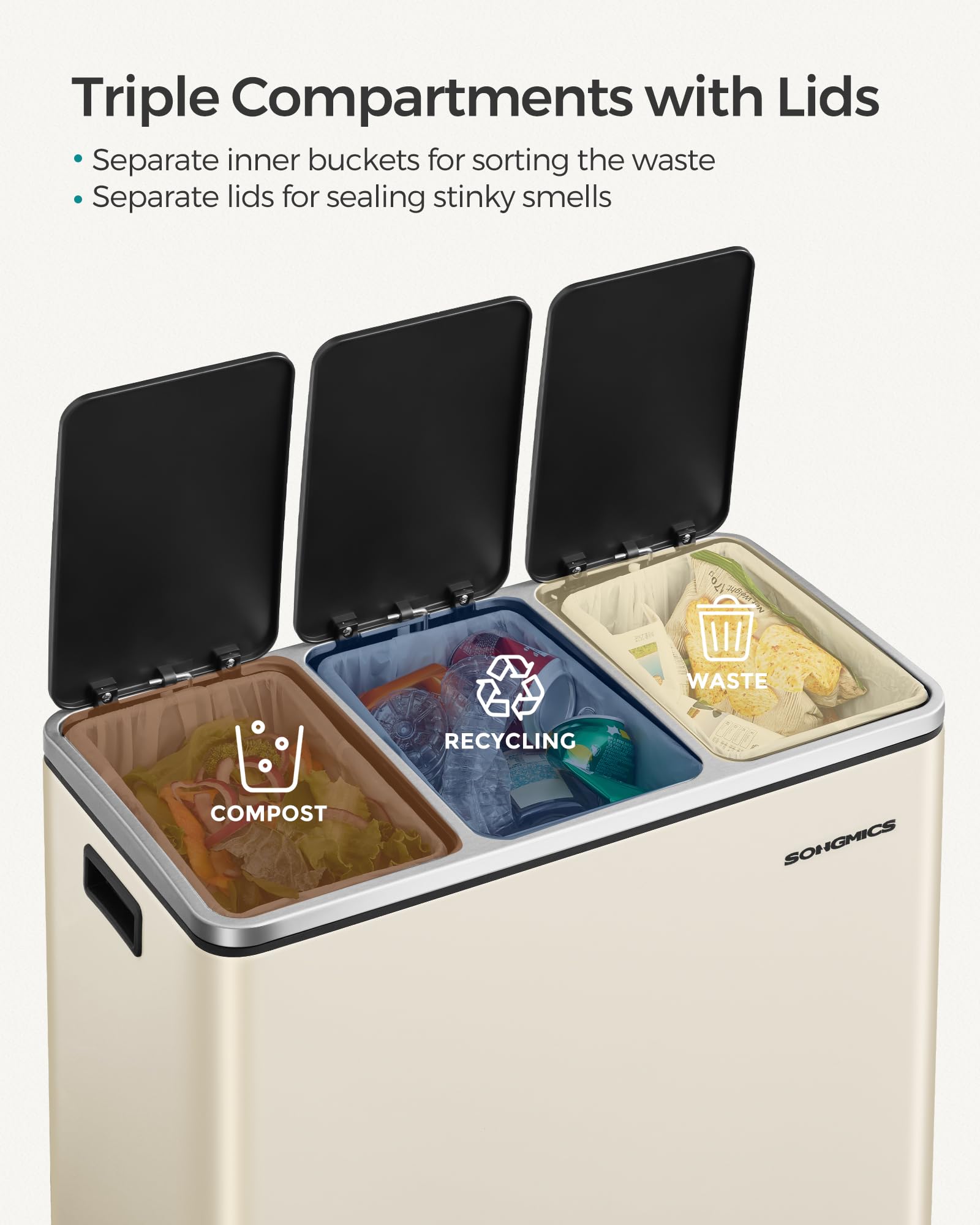 SONGMICS 3 Compartment Kitchen Recycling Bin, 3 x 18L Capacity, Steel, Sandy Beige | Soft-Close Lids 3