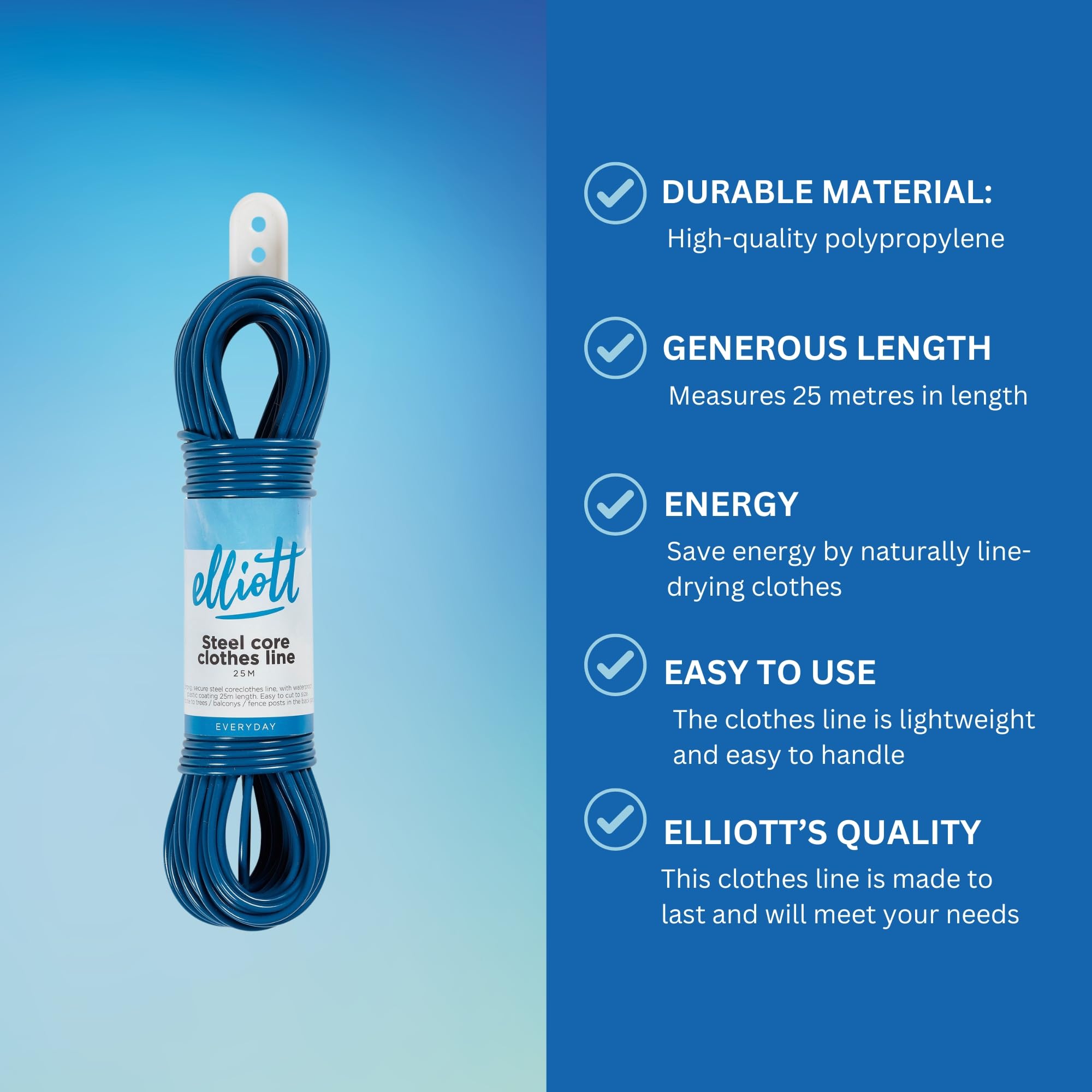 Elliott Steel Core Clothes Line - Extra Strong Durability | 25 Metre Length | Navy Blue 3