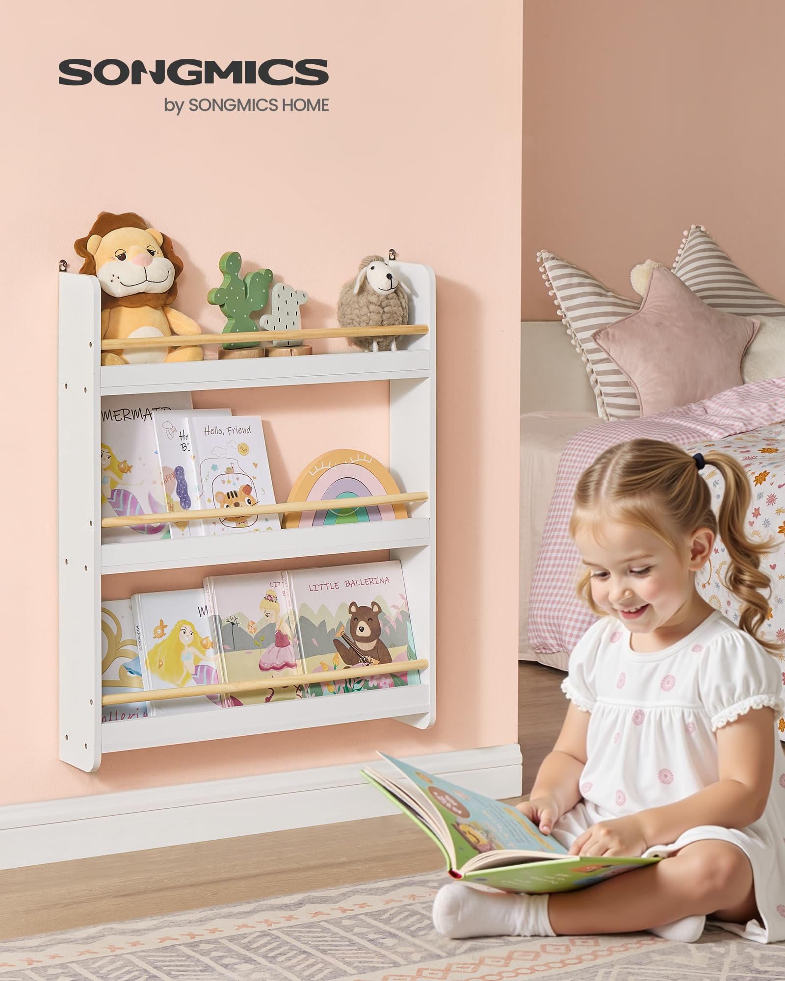 SONGMICS Kids Bookshelf - 3-Tier Wall-Mounted Bookcase | MDF & Pine Wood | White 4
