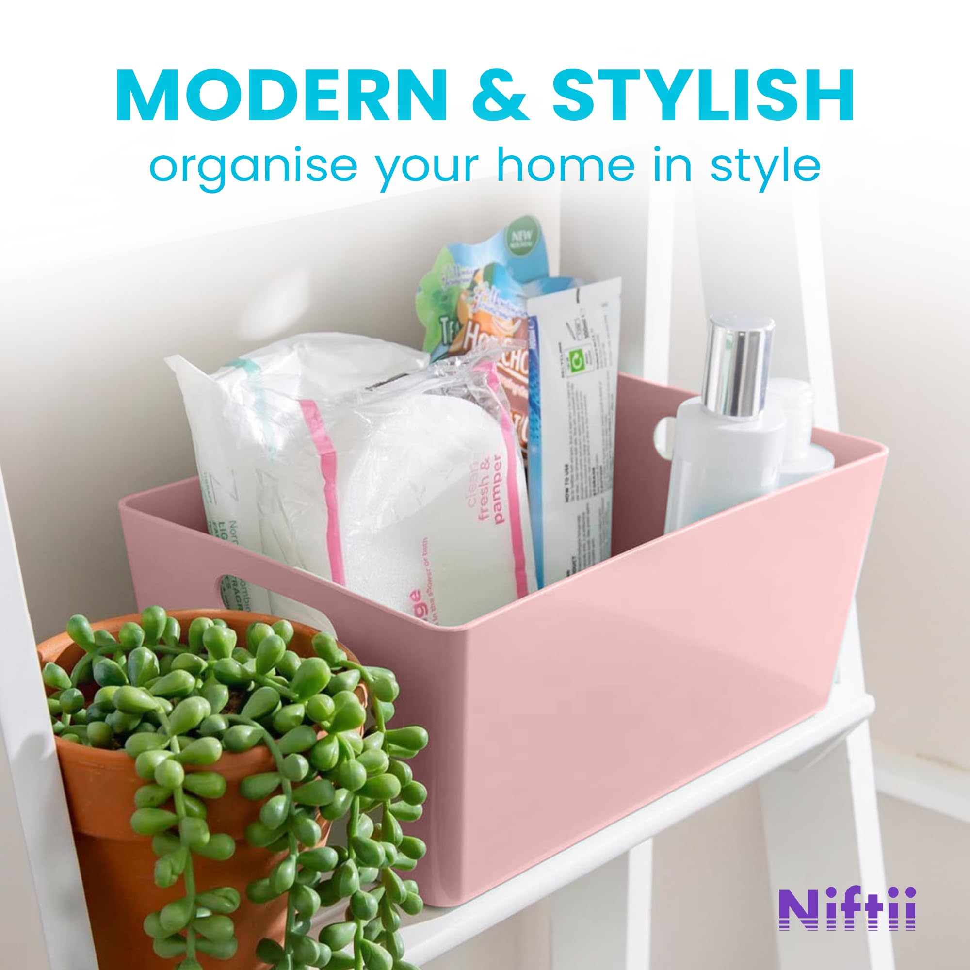 Niftii 5-Pack Plastic Shelf Baskets with Handles | 3.9L Capacity | Pink | Modern Style 5