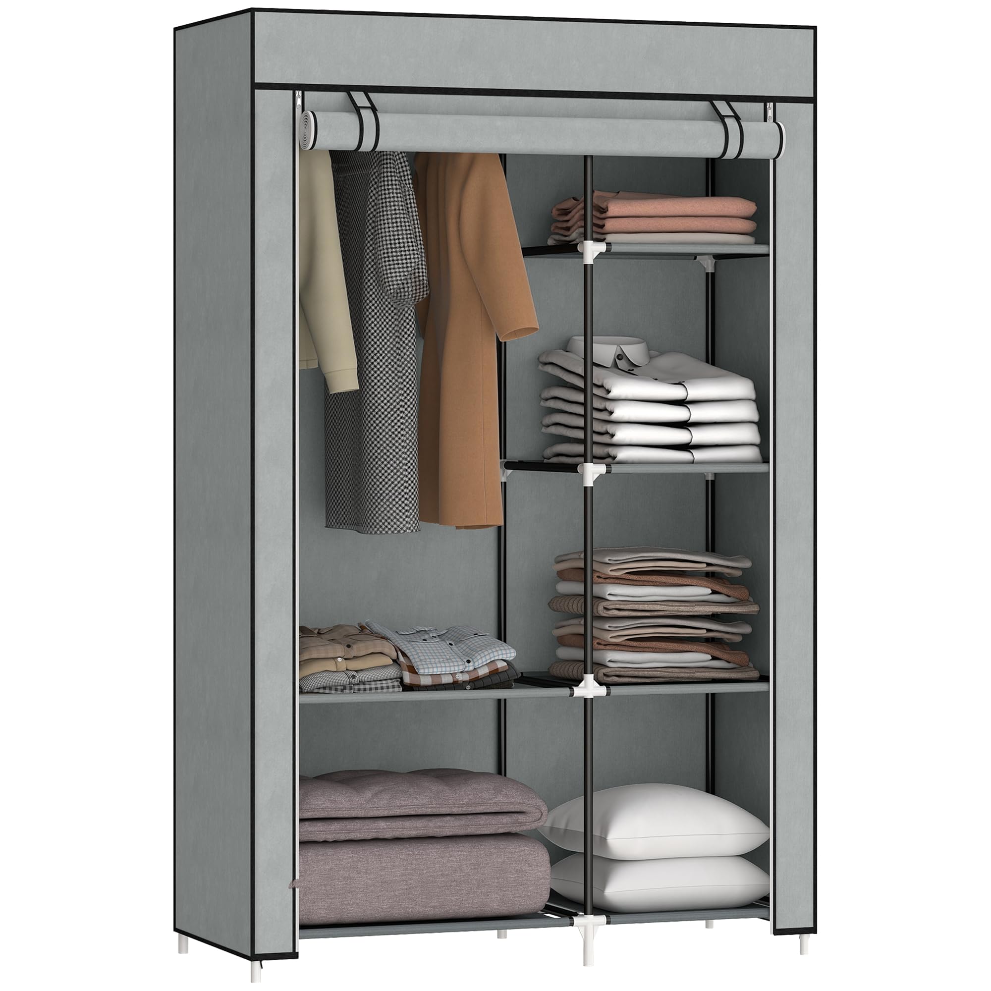 HOMCOM Portable Foldable Closet with 6 Shelves and Hanging Rail | Light Grey | 103W x 43D x 162.5H cm 1