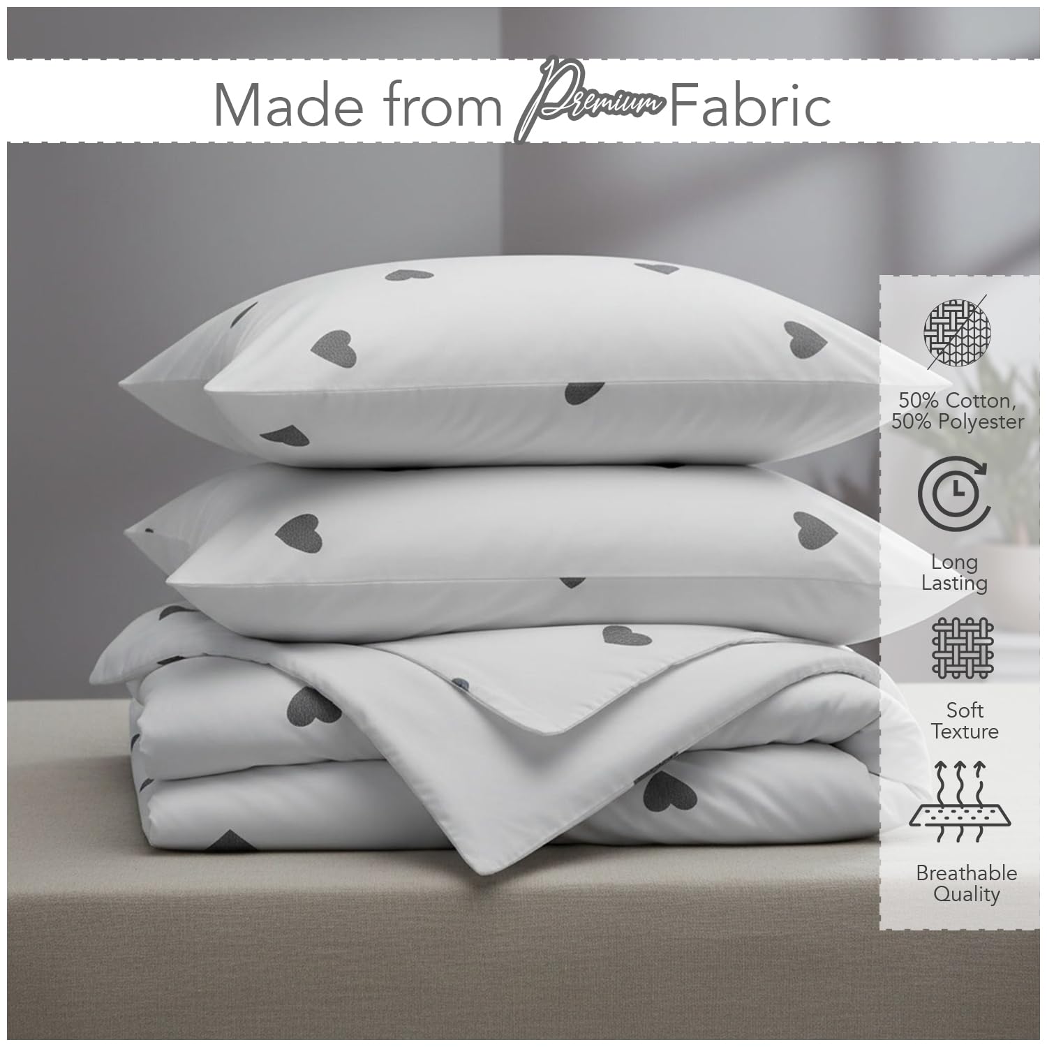 GC GAVENO CAVAILIA Double Duvet Cover Set - Embroidered Heart | 50% Cotton/50% Poly | White/Charcoal 5