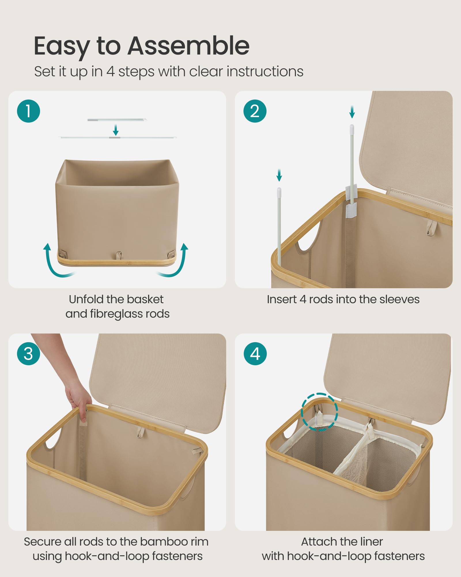 SONGMICS 2-Section Laundry Basket with Lid - 130 L Capacity, Collapsible, Camel Brown 8