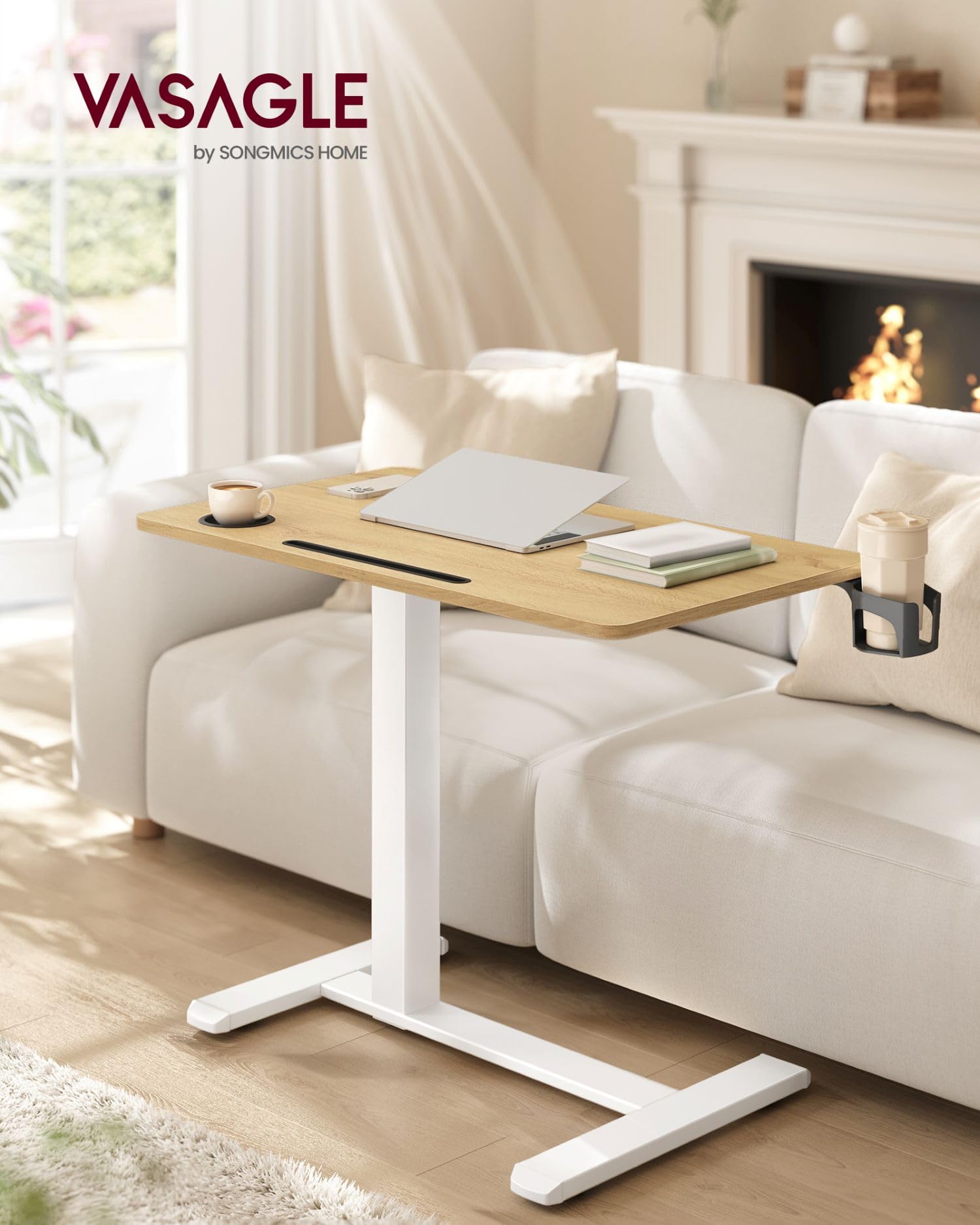 VASAGLE Adjustable Height Overbed Table with Wheels | 80 x 45 cm Top | Golden Oak 3