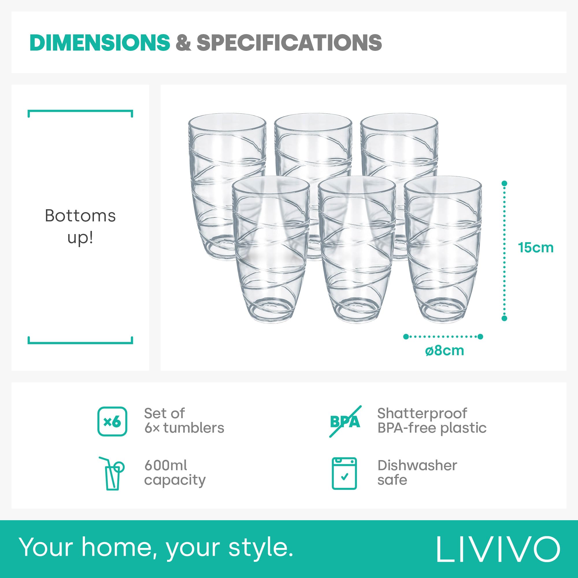 LIVIVO Set of 6 Hi Ball Plastic Acrylic Tumblers with Swirl Design | Break Resistant | BPA-Free 9