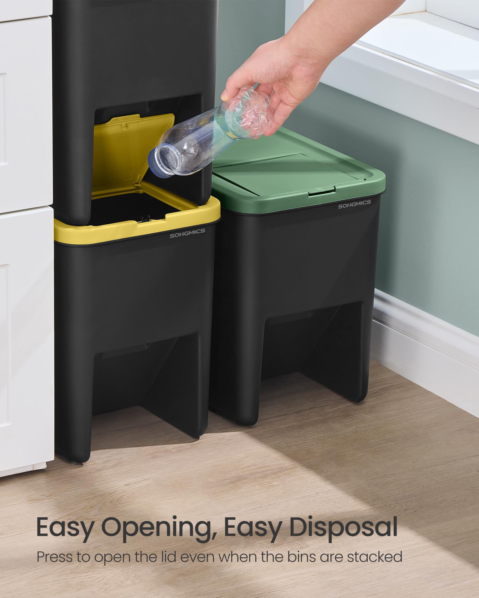 SONGMICS Waste Separation System - Set of 3 Stackable Kitchen Bins | 20 L Each | Press-to-Open 4