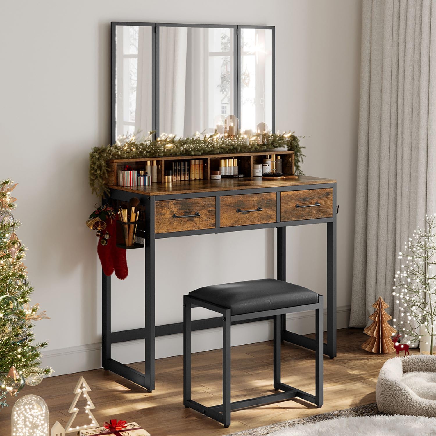 VASAGLE Dressing Table with Tri-Fold Mirror and Stool | 3 Drawers | Industrial Style | Rustic Brown/Black 2