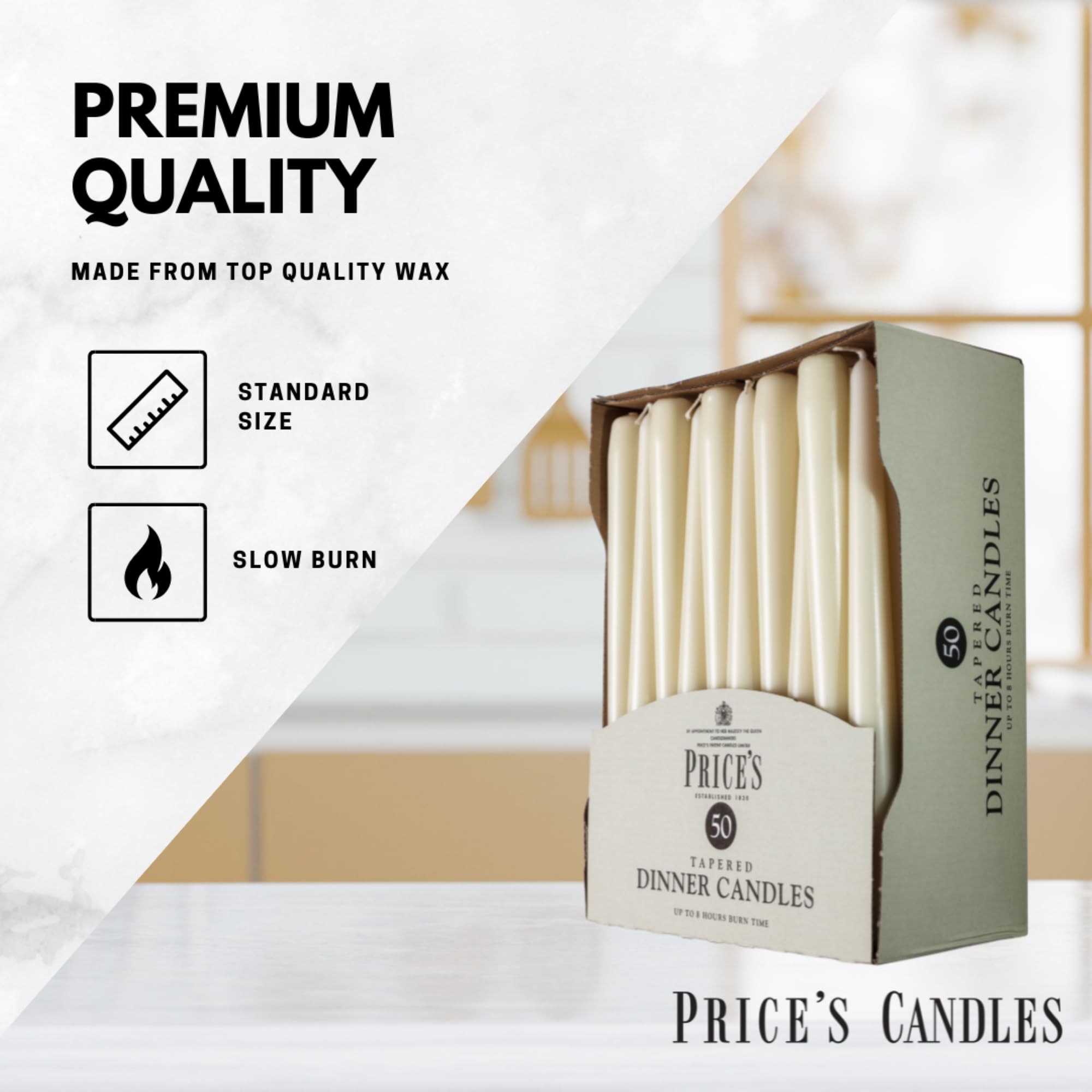 Price's Candles Unscented Ivory Tapered Dinner Candles, 50 Pack | 7 Hour Burn Time | Dripless Wax 4