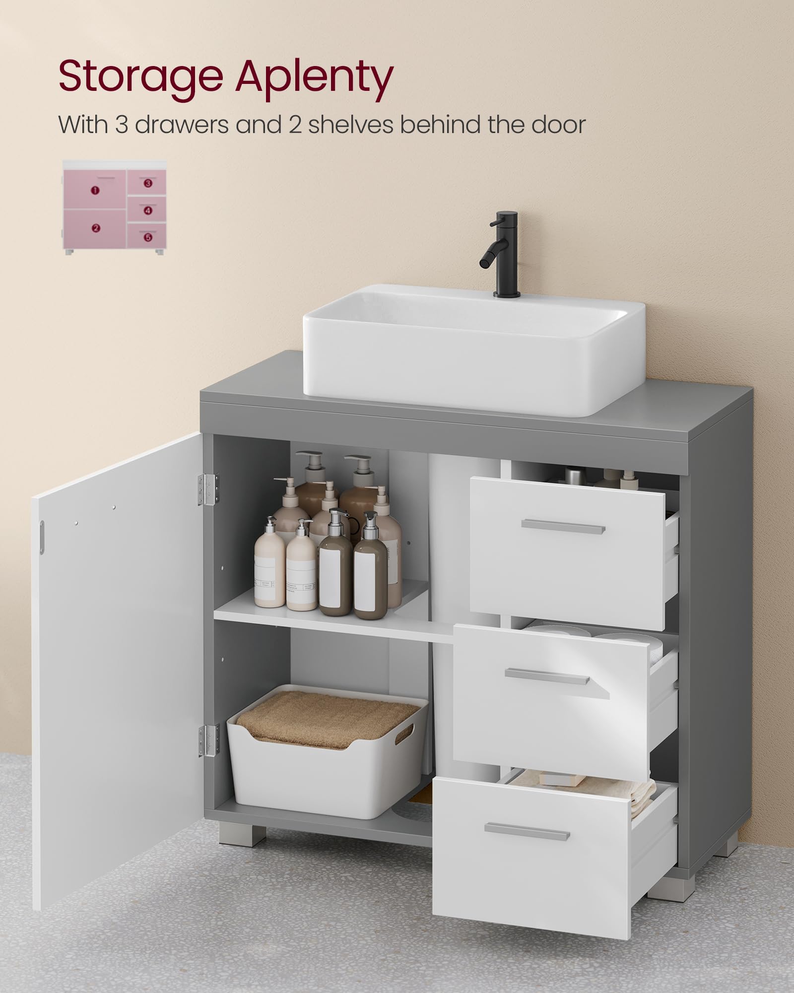 VASAGLE Under Sink Bathroom Cabinet - 3 Drawers, 2 Compartments | Cloud White + Dove Grey | 30x70x64 cm 5