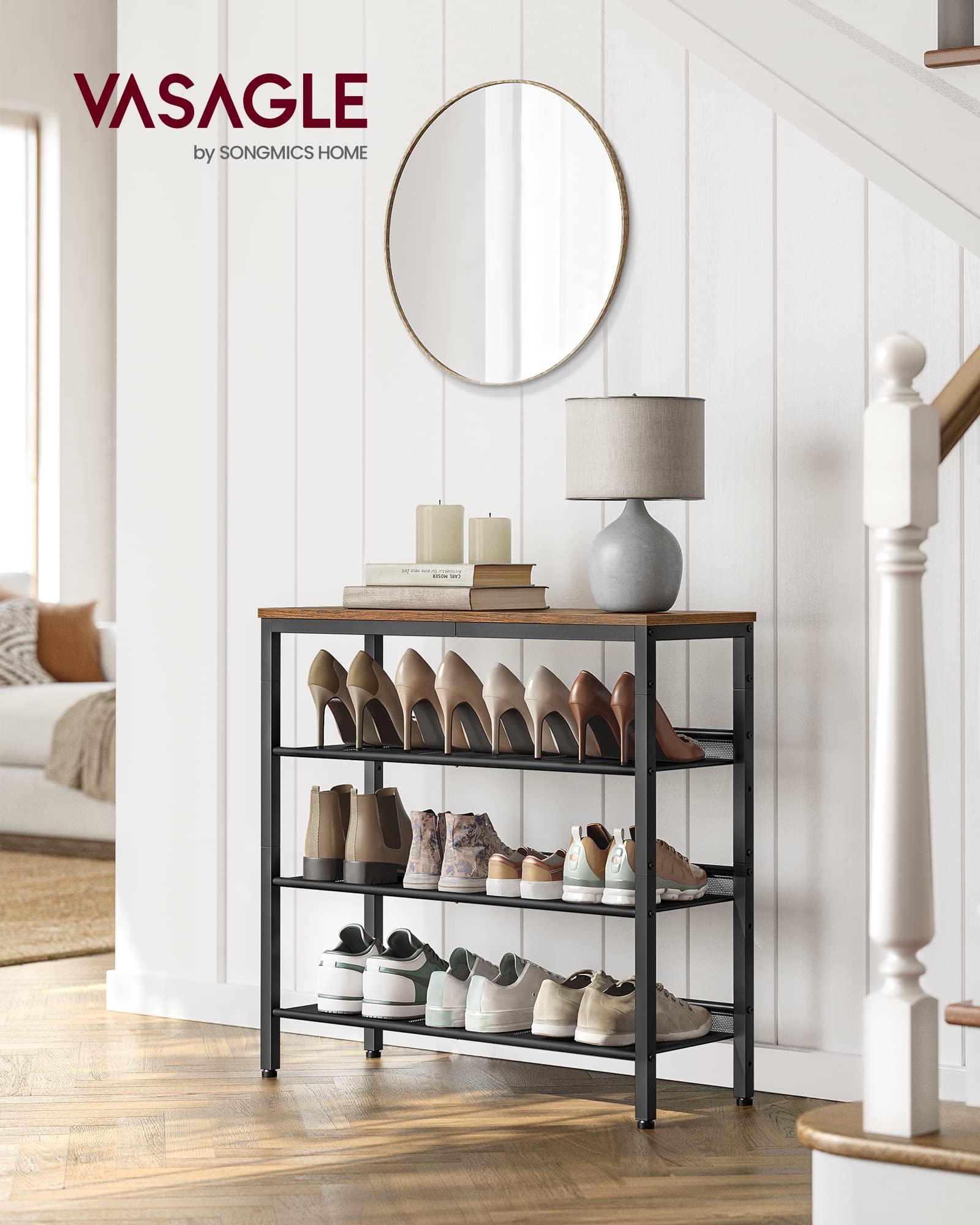 VASAGLE 4-Tier Shoe Rack - Rustic Industrial Design | Adjustable Shelves | 73cm Height