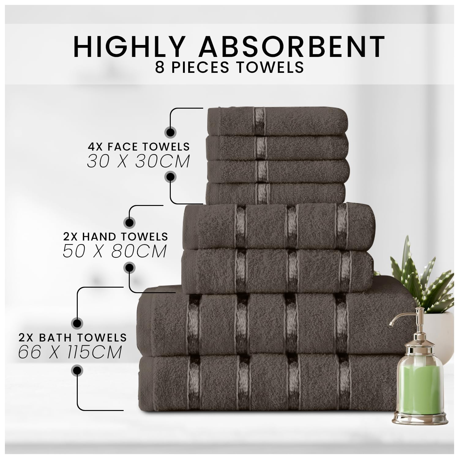 GC GAVENO CAVAILIA 8 Piece Towel Set - 450 GSM Quick Dry Cotton | Dark Grey | 4 Face, 2 Hand, 2 Bath Towels 2