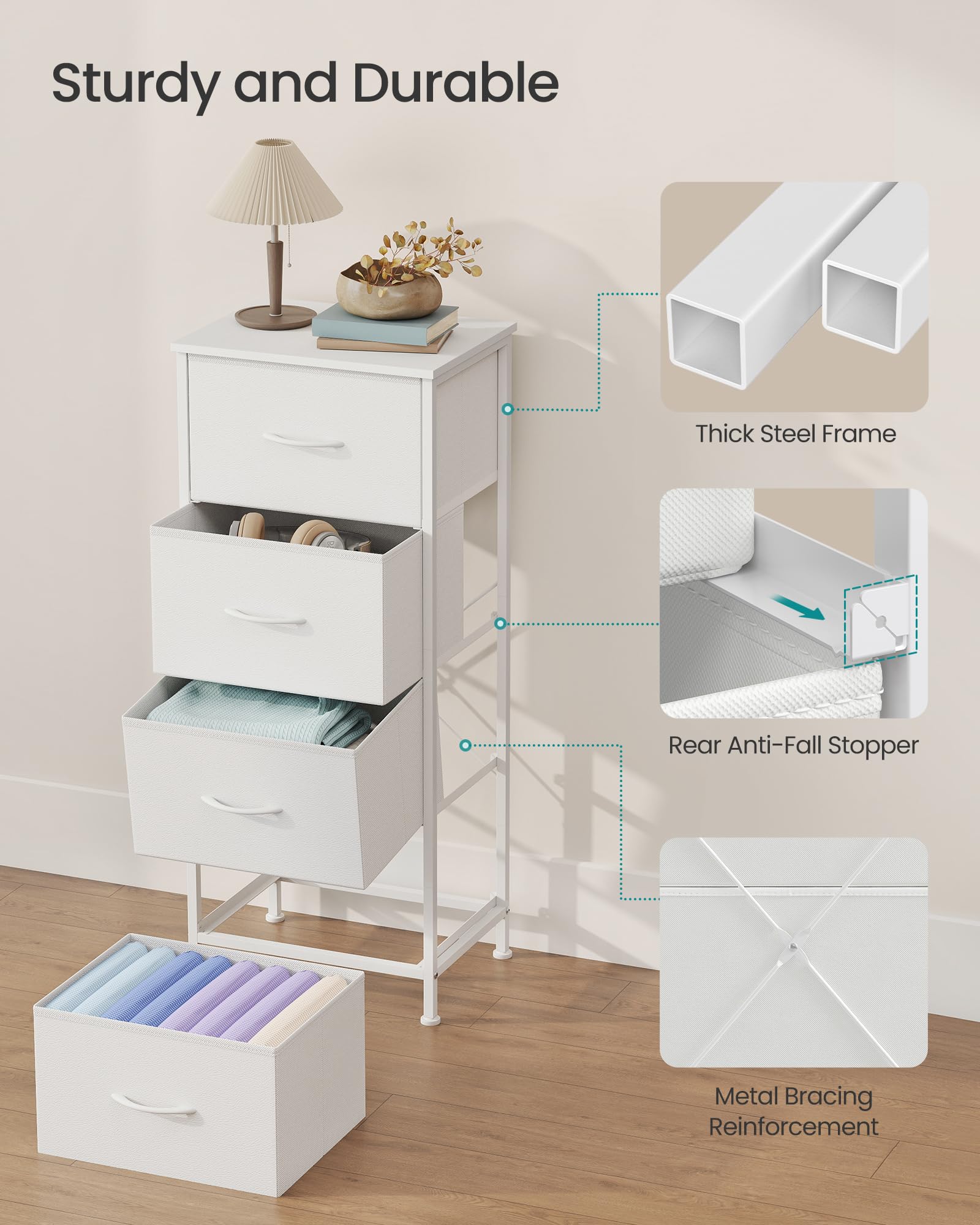 SONGMICS Chest of Drawers - 4 Fabric Drawers Storage Unit | Steel Frame | Cloud White + Snow White 6
