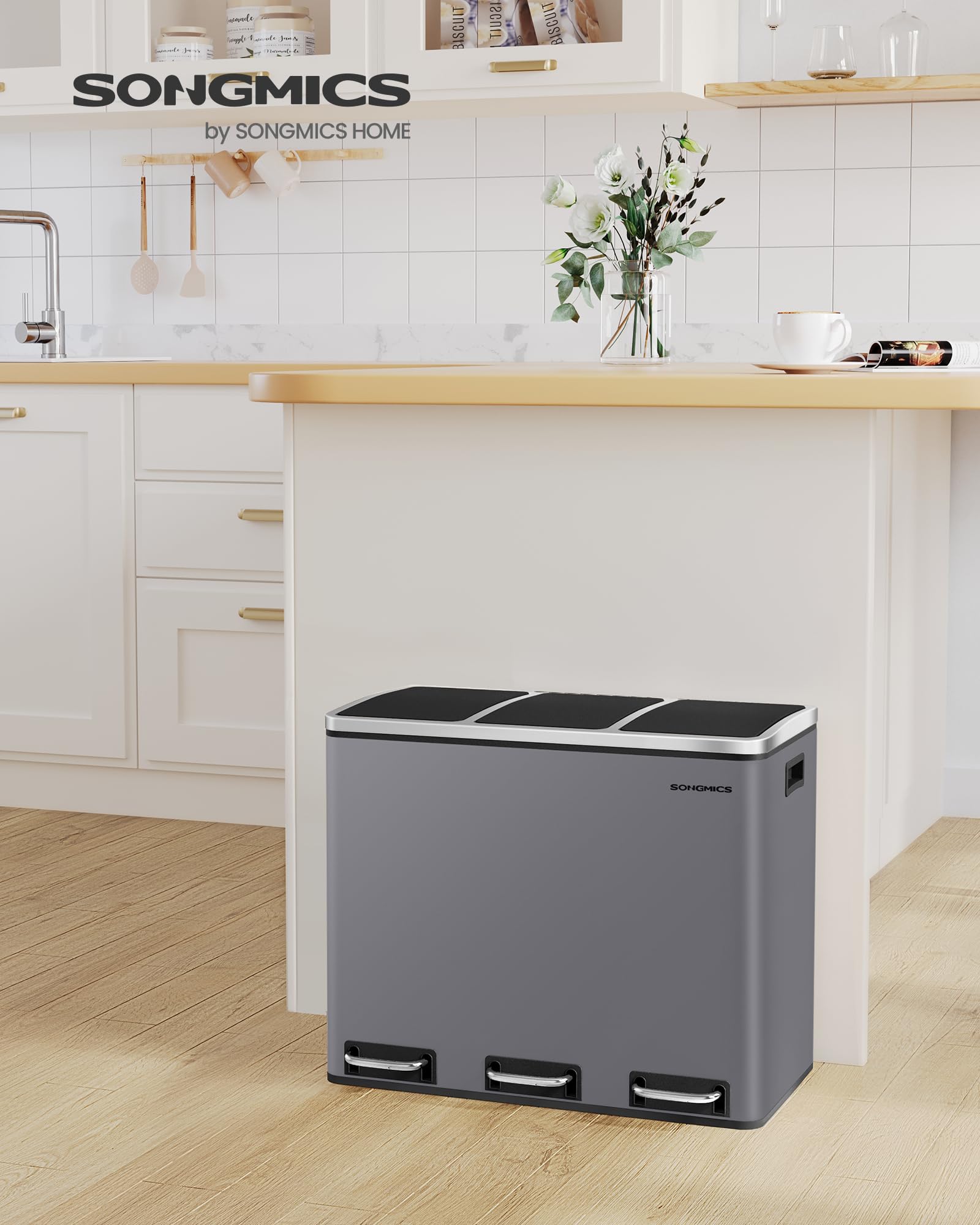SONGMICS Kitchen Bin - 3 x 18 L Recycling Bin | Steel, Matte Grey | Soft-Close Lids 2