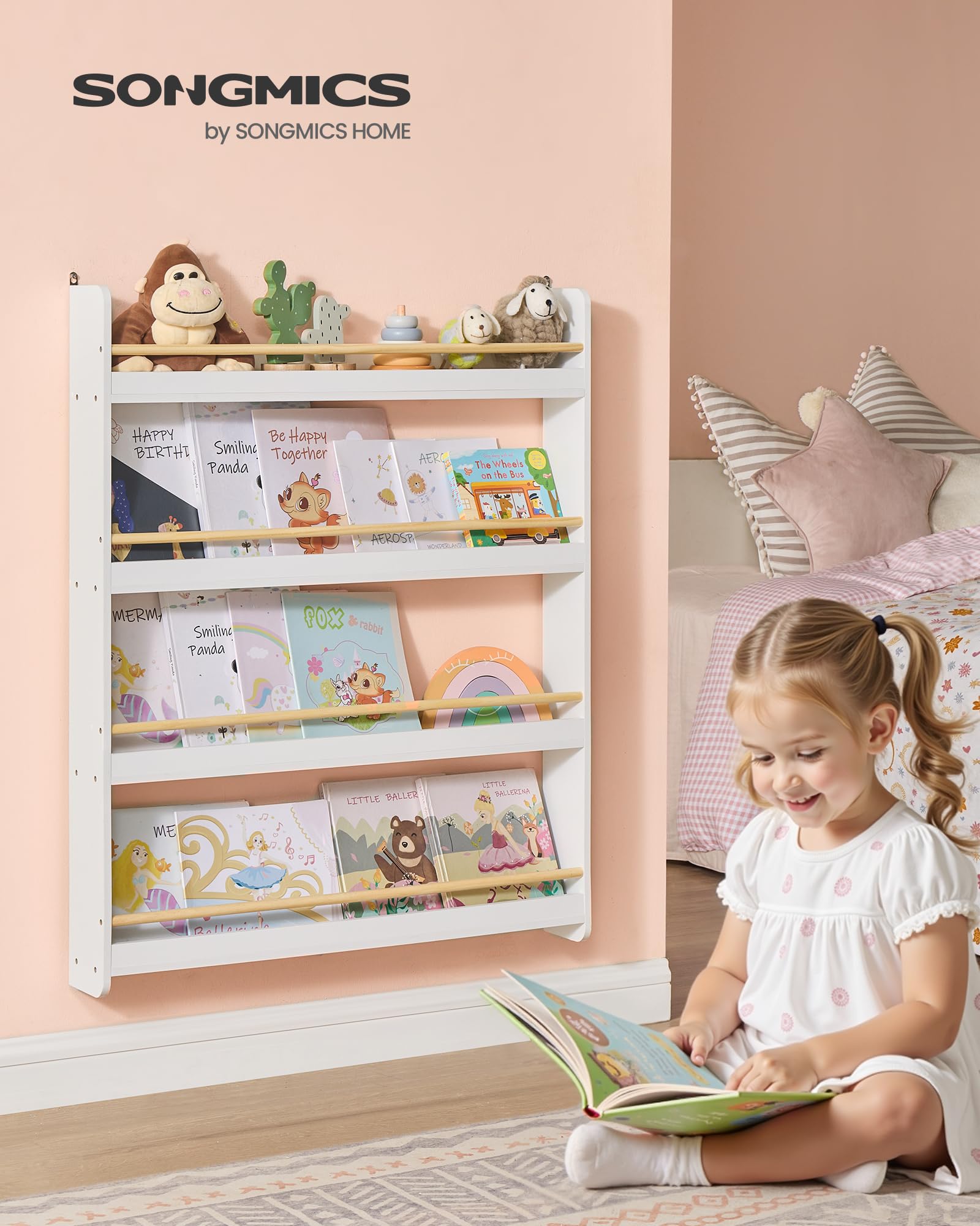SONGMICS Kids Bookshelf - 4-Tier Wall Mounted Bookcase for Children | Pine Engineered Wood | Natural White 4