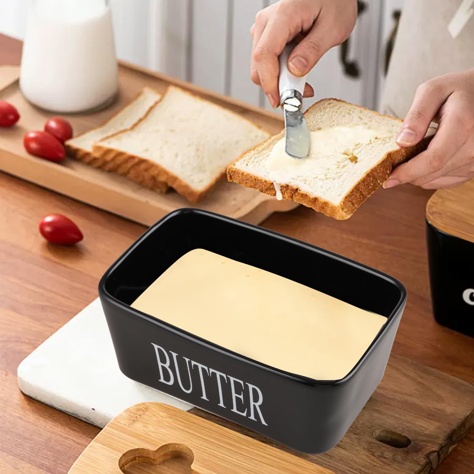 ASelected Large 650ml Ceramic Butter Dish with Bamboo Lid | Rectangular, Black, Dishwasher Safe 5
