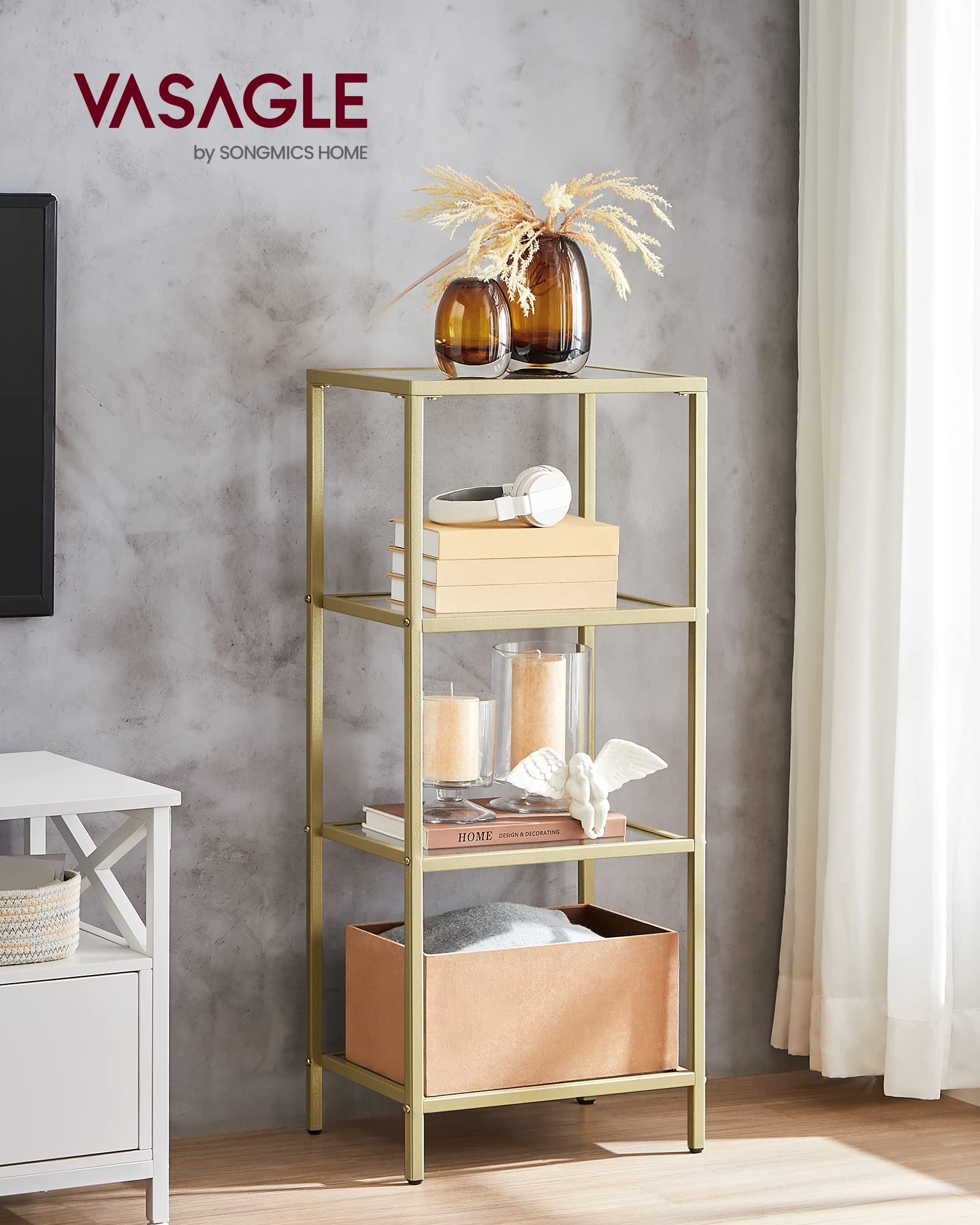 VASAGLE 4-Tier Glass Shelf Unit - Tempered Glass & Metal Frame | 10kg Capacity | Metallic Gold LGT28G 2