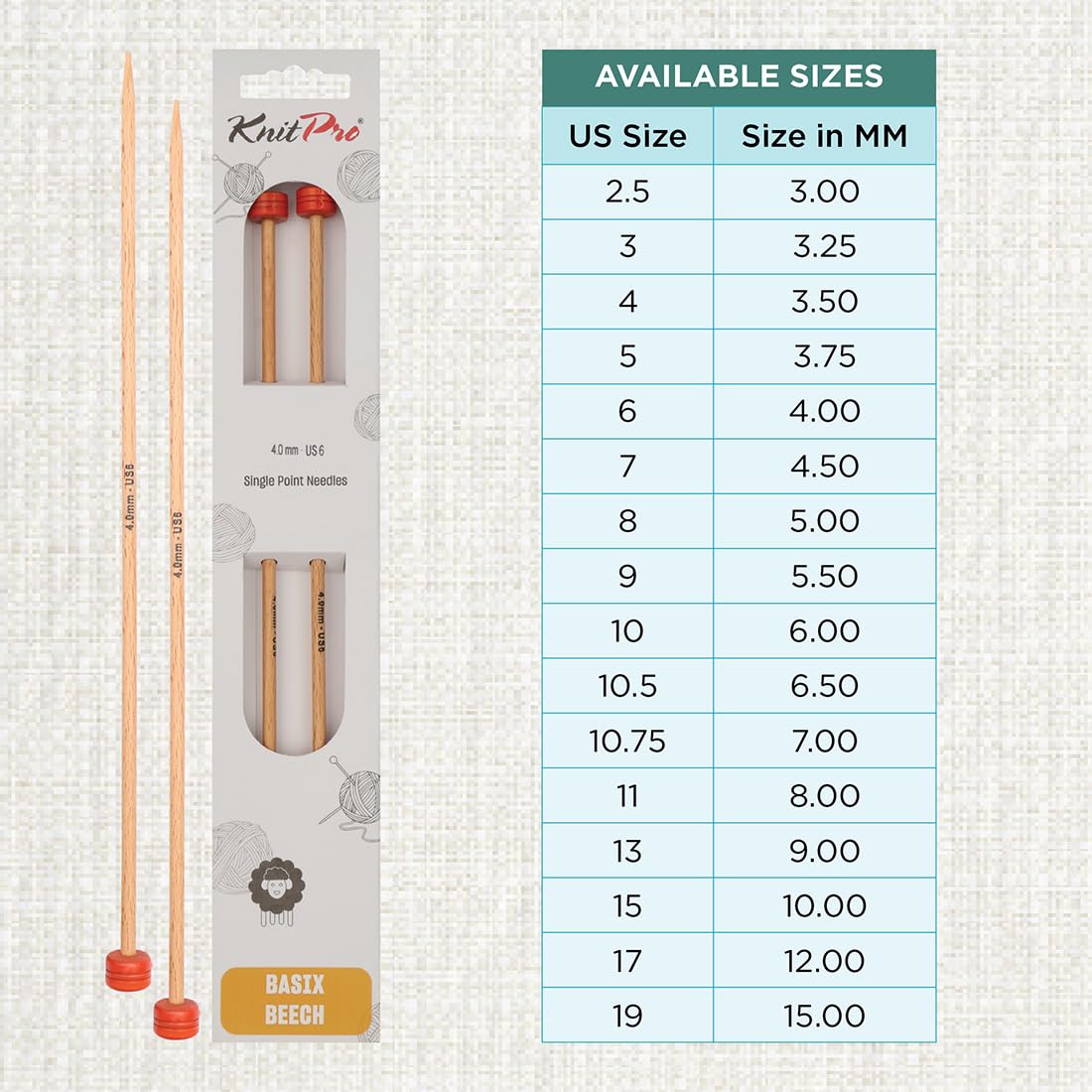 KnitPro Basix Single Pointed Knitting Needles - 25 cm Length, 4.00mm Size | Lightweight Beech Wood 4