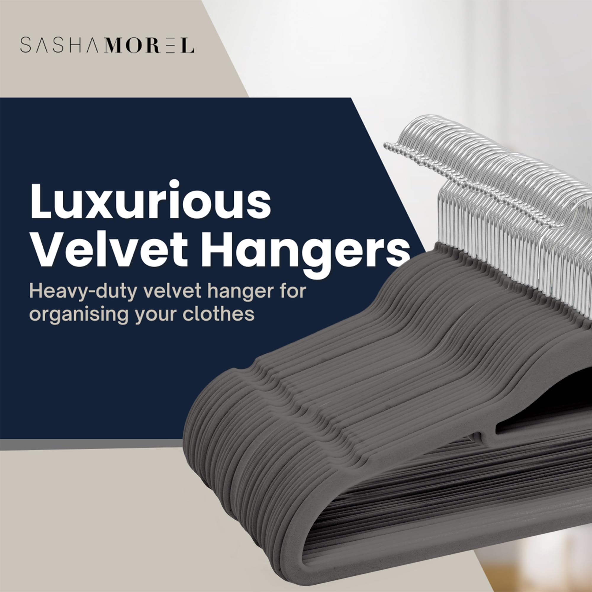 Sasha Morel Velvet Coat Hangers - 50 Pack Space Saving Non-Slip Hangers with Swivel Hooks | Grey 2