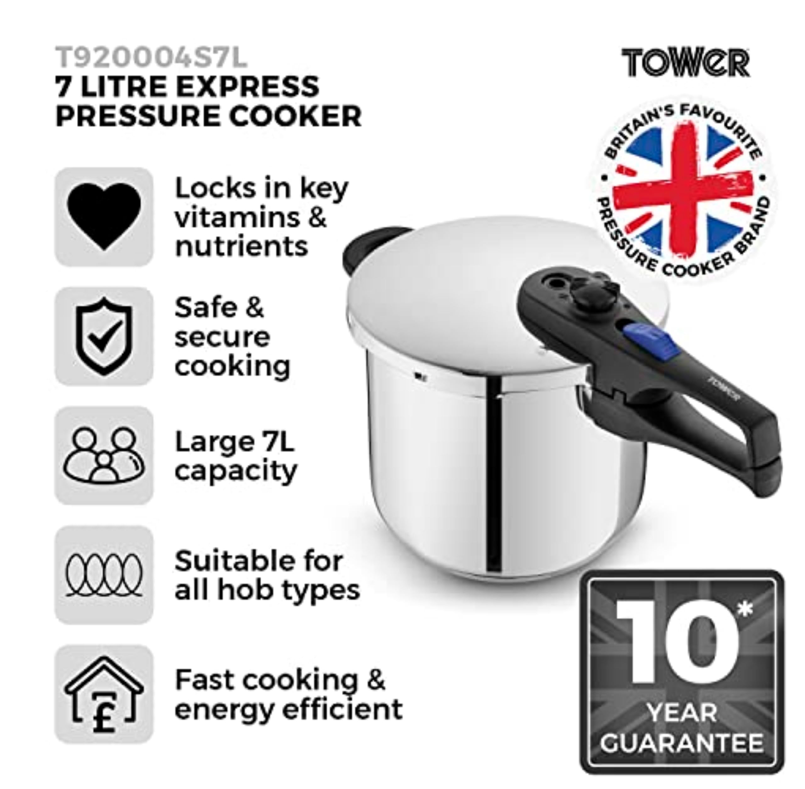 Tower T80244 Pressure Cooker - 6L Capacity, 22cm Diameter | Stainless Steel 2