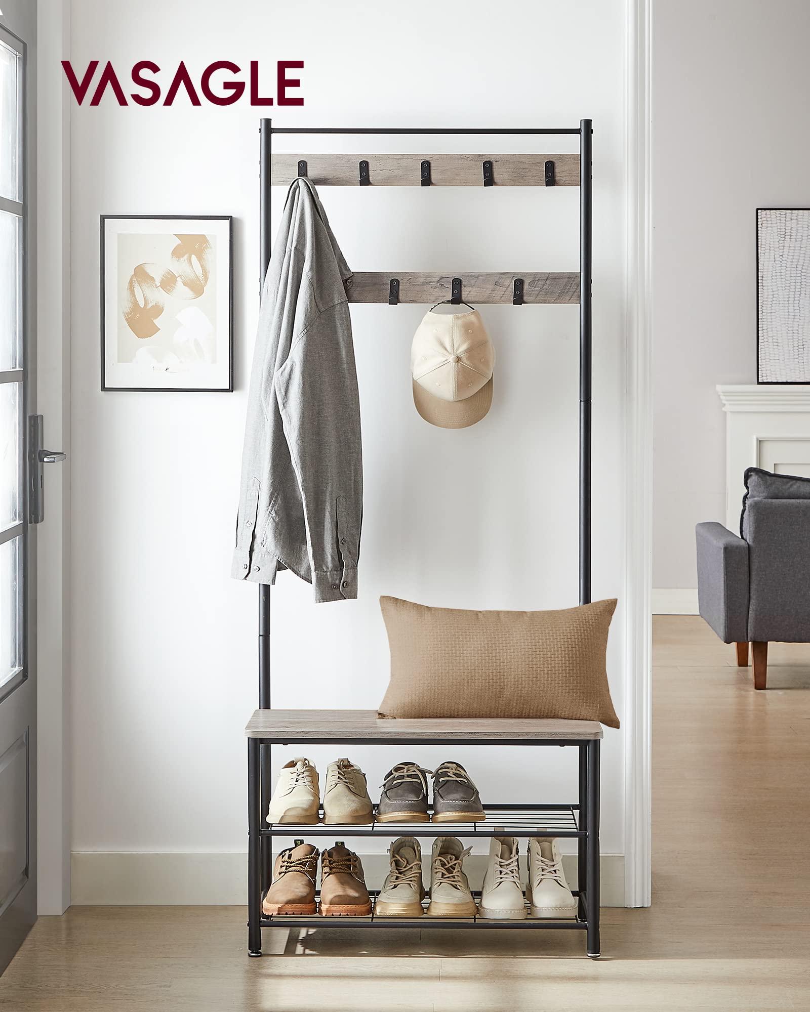 VASAGLE 3-in-1 Coat Stand with Shoe Rack and Bench | Grey + Black | 175cm Height