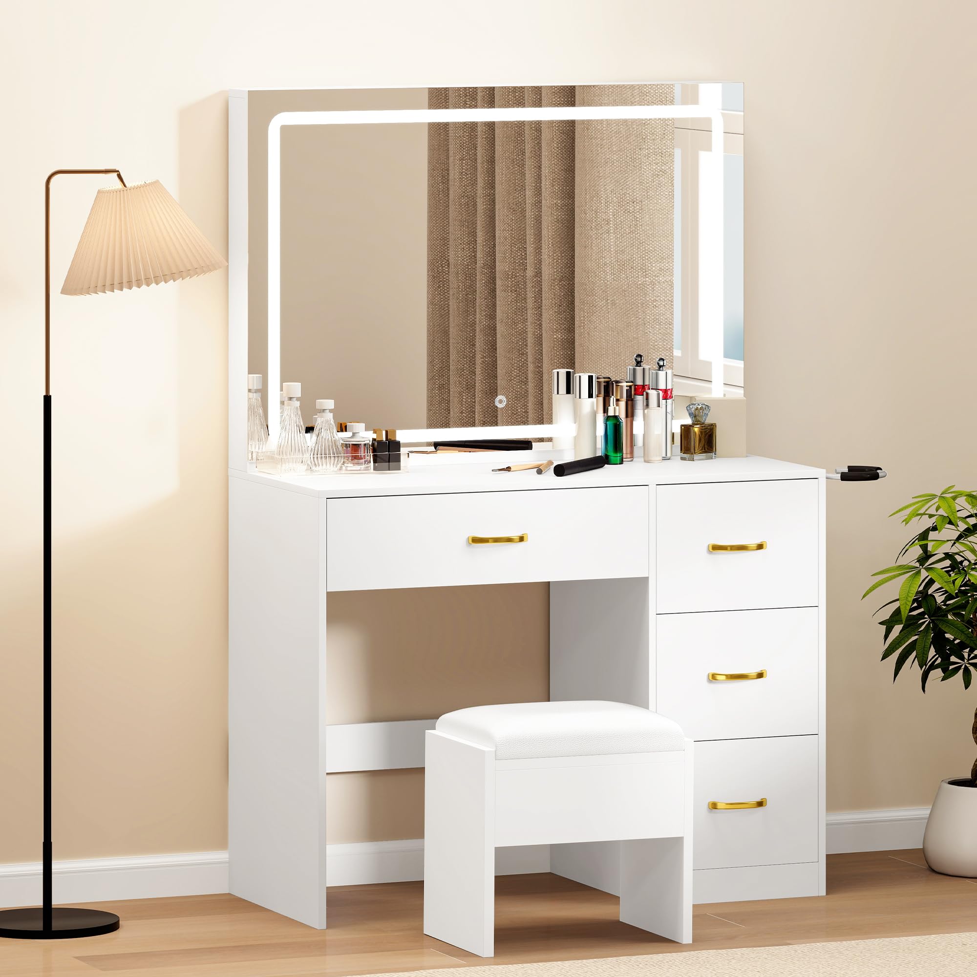 DWVO Vanity Table and Stool Set with LED Mirror | 90cm Wide | Integrated Charging Hub 2