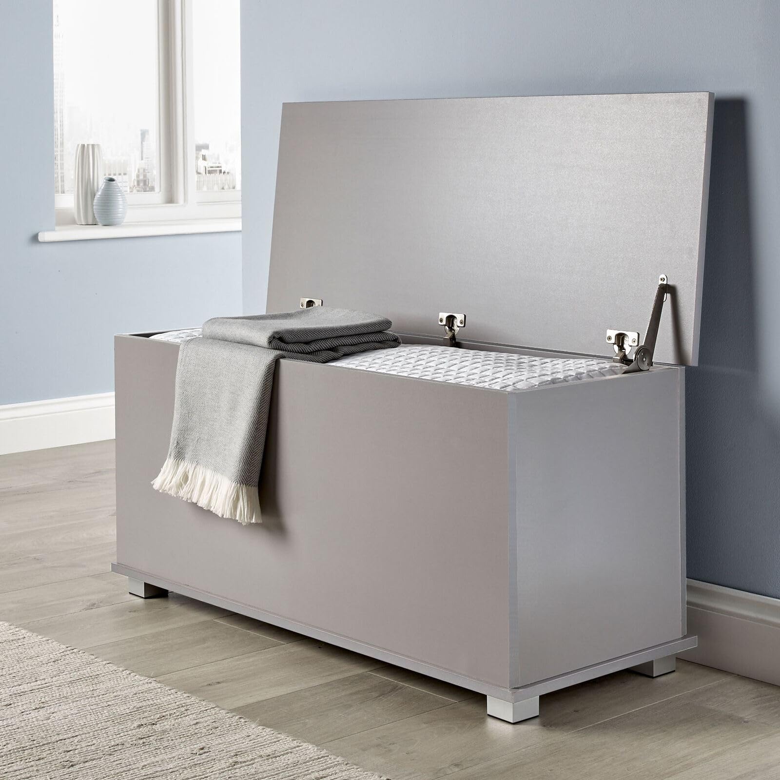 Home Source Large Wooden Storage Chest Ottoman - Grey | 100cm W x 40cm D 1