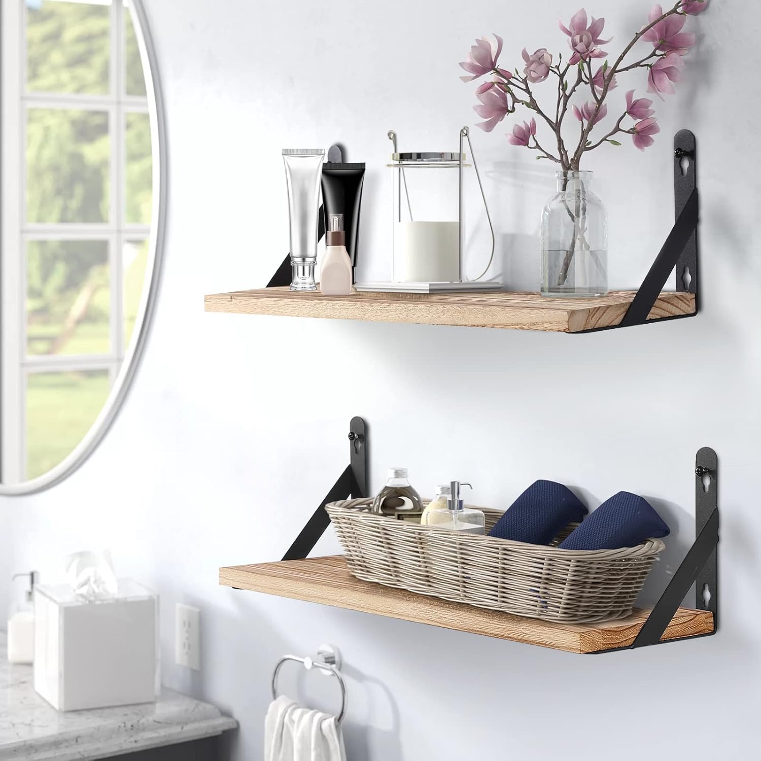 himaly Rustic Wooden Floating Shelves Set of 2 | Max Load 15kg | Light Wood Finish | 42x14.2x15cm 7