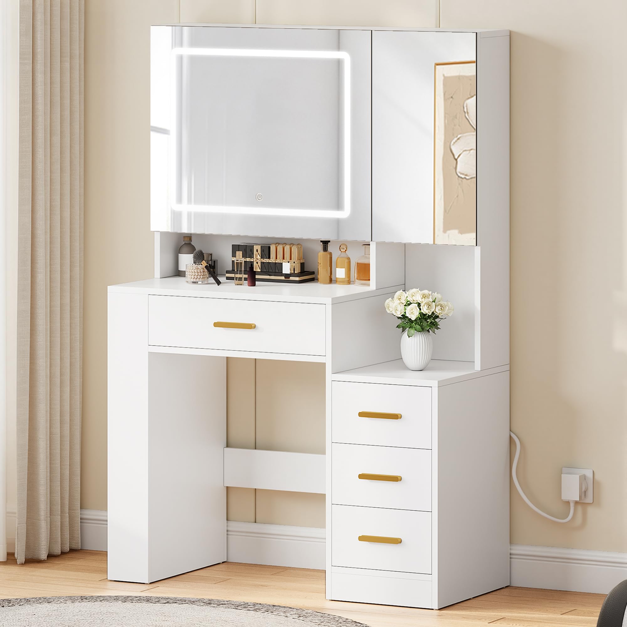 YITAHOME Dressing Table with Dual Mirror & LED Lights | White with 4 Drawers | 90x40x140cm 1