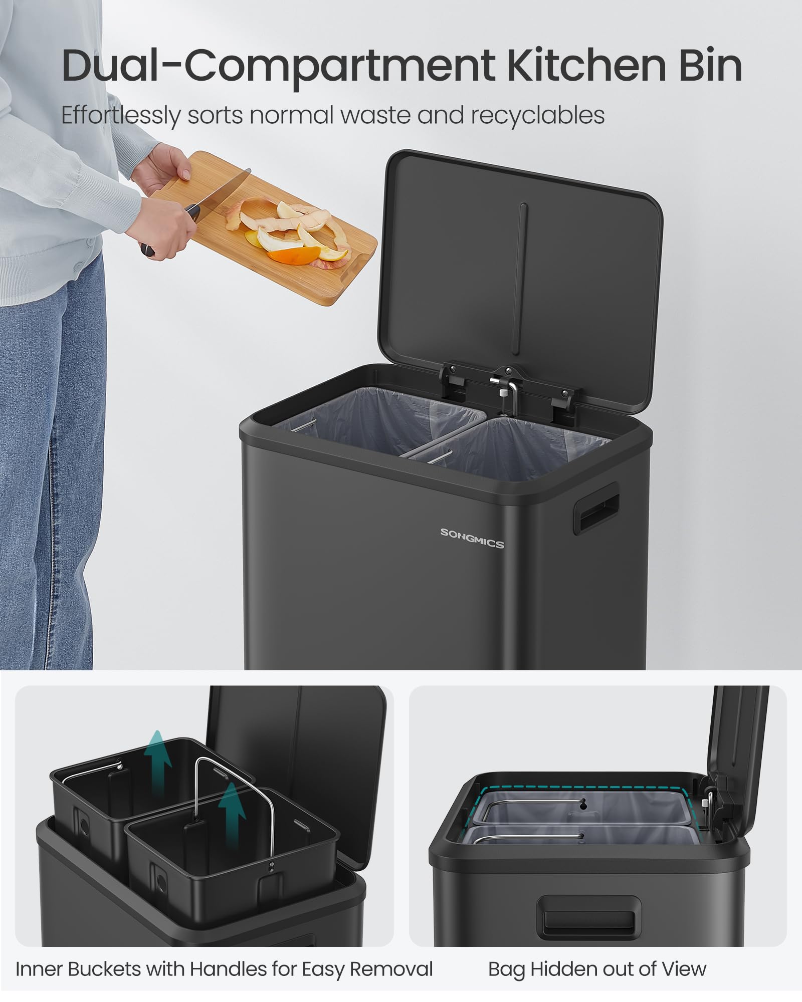 SONGMICS Kitchen Bin - Double Compartment Recycling System | 2 x 15L Capacity | Ink Black Steel 4