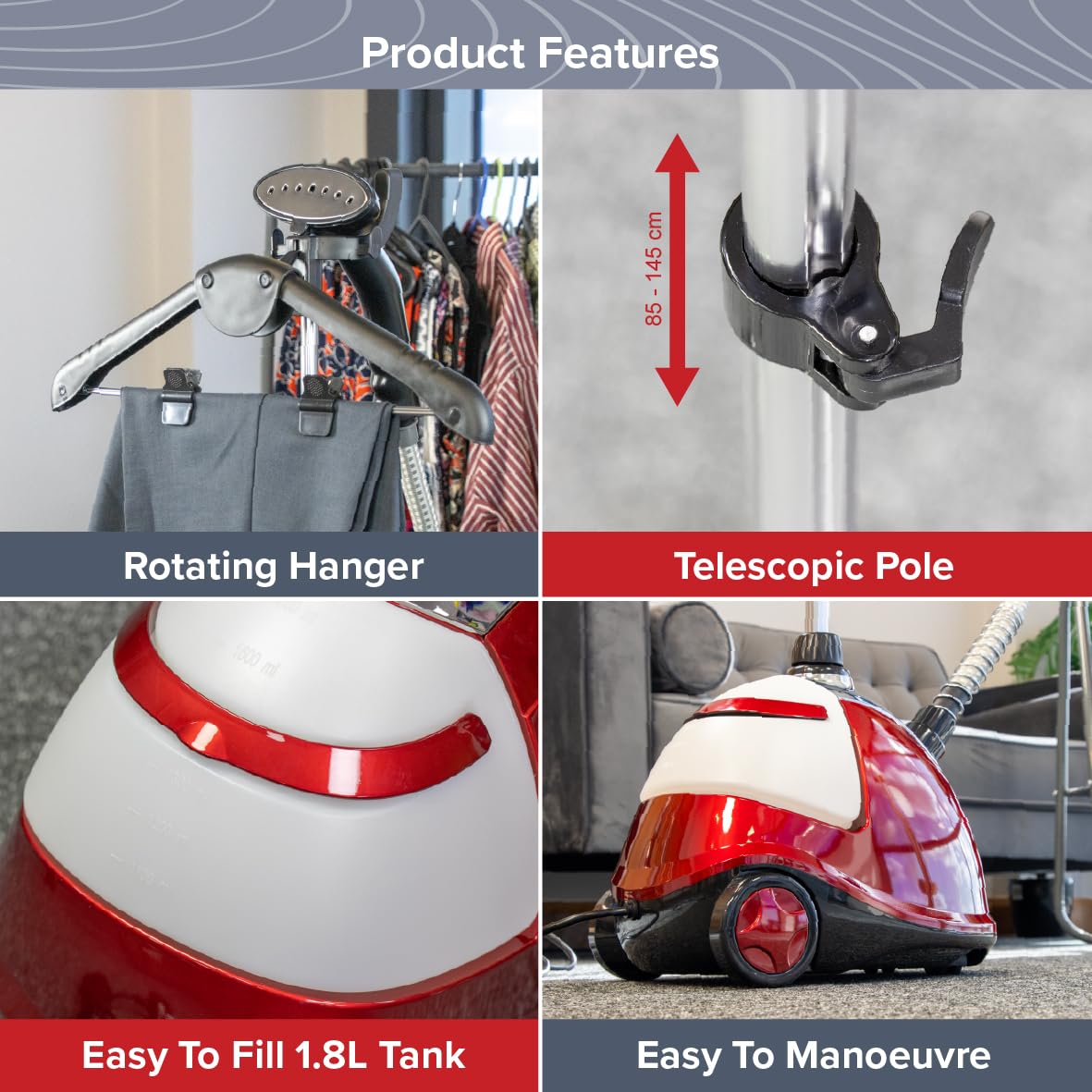 Quest 42320 Upright Garment Steamer - 1800W Power | 1800ml Tank | 45s Heat Up 4