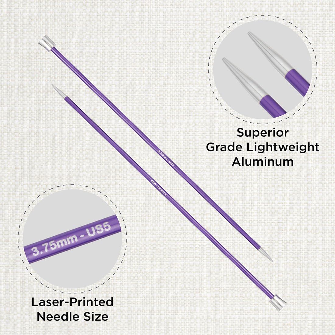 KnitPro Zing Single Pointed Knitting Needles - 3.75mm Size | 25cm Length | Lightweight Aluminium 2